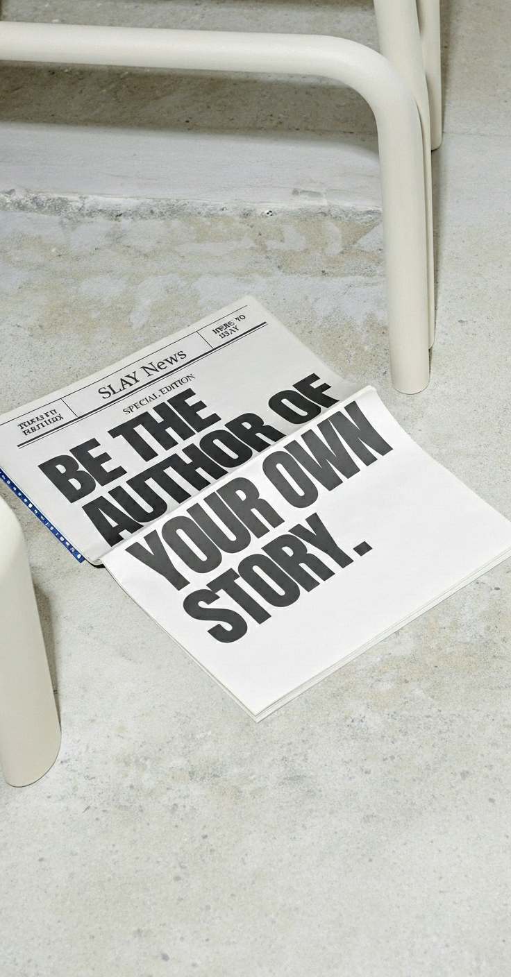 A newspaper titled "SLAY News" on the floor with the headline "BE THE AUTHOR OF YOUR OWN STORY."