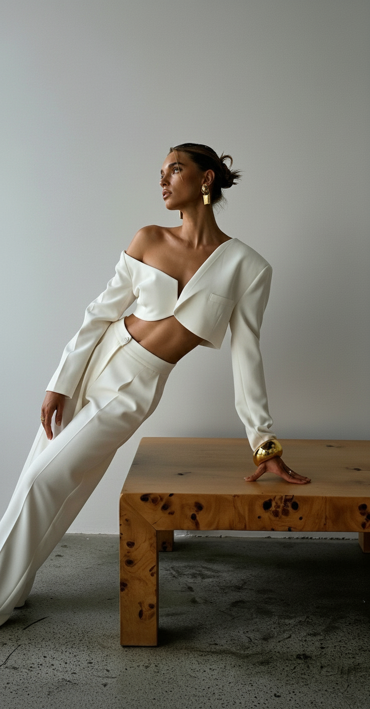 Woman in white blazer and pants posing with her hand on a wooden table against a plain wall.