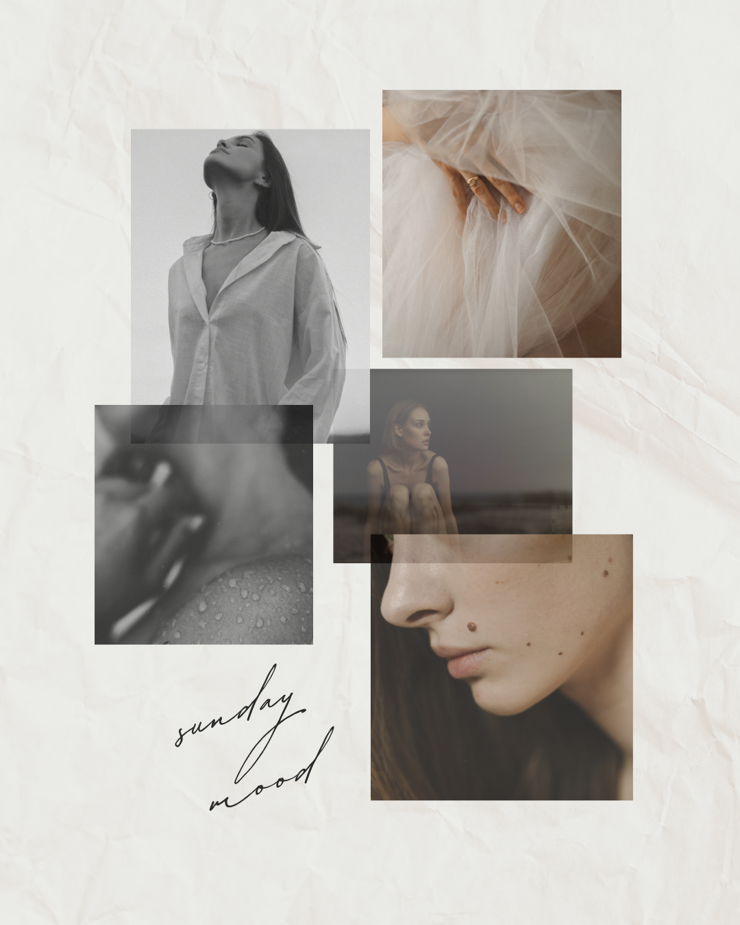 Collage of five fashion and portrait photographs with handwritten text "sunday mood" on textured beige background.
