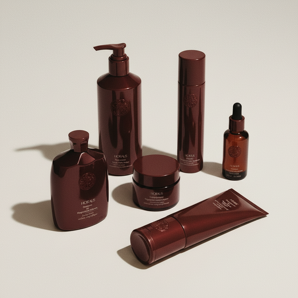 Collection of red skincare and beauty products, including bottles and jars, arranged on a light surface with shadows.