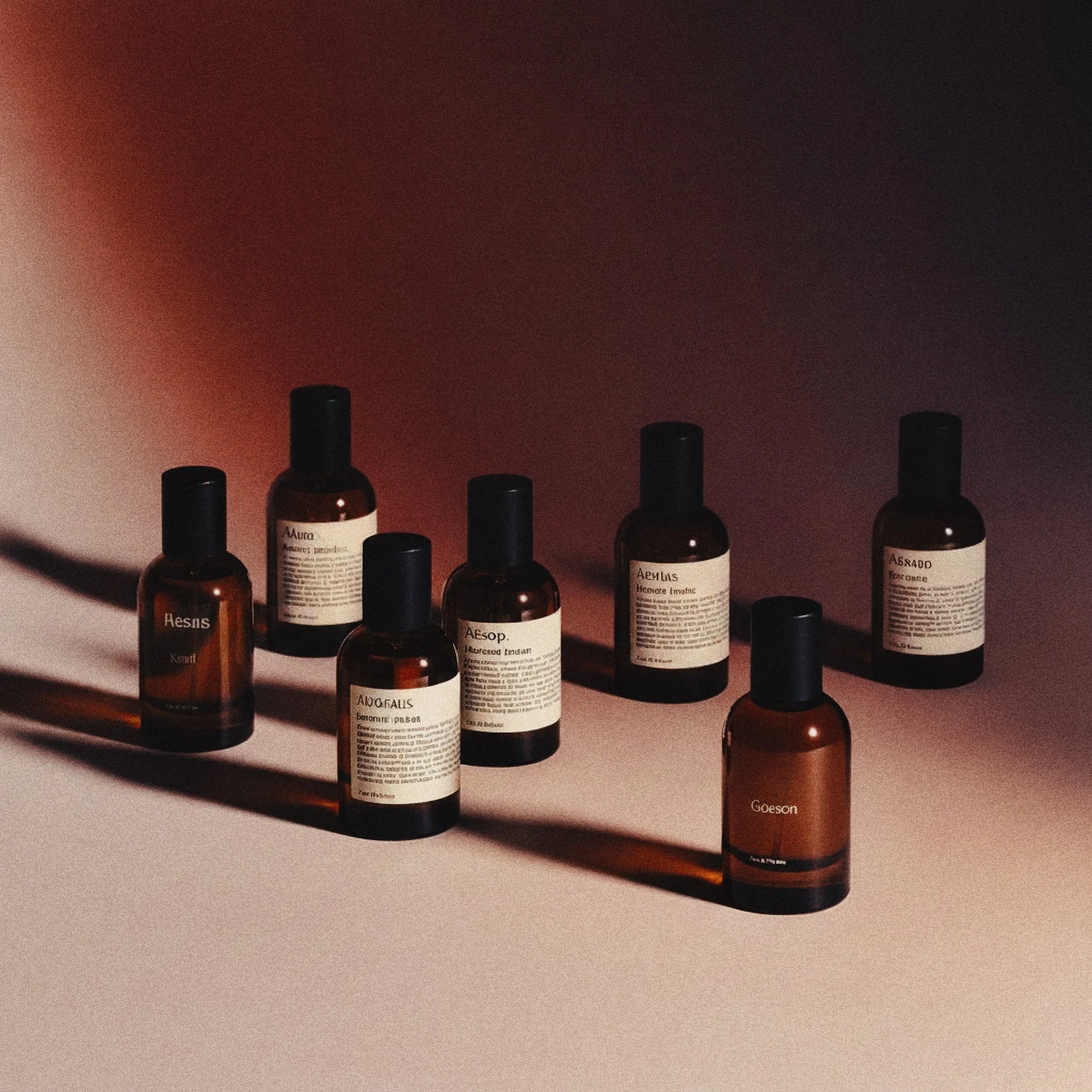 Collection of amber-colored essential oil bottles with black caps, arranged on a surface with a shadow cast behind them, against a gradient brown background.