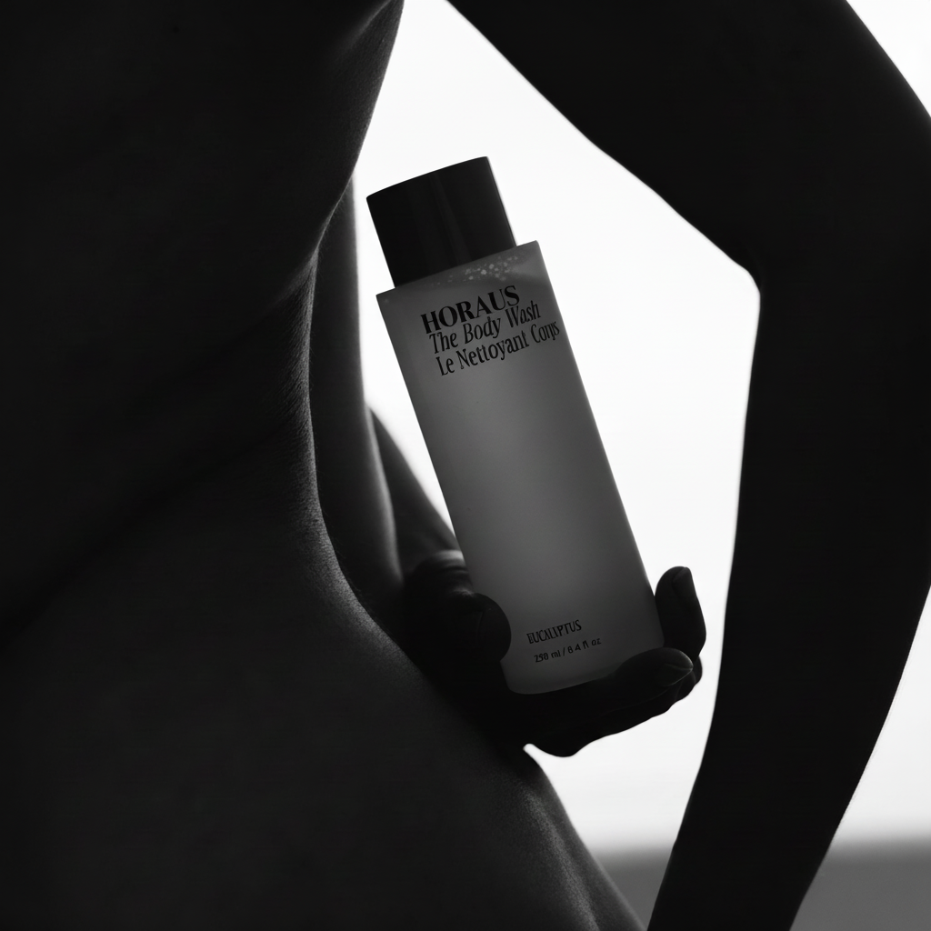 Silhouette of a person holding a bottle of Horaus body wash with a bright background.