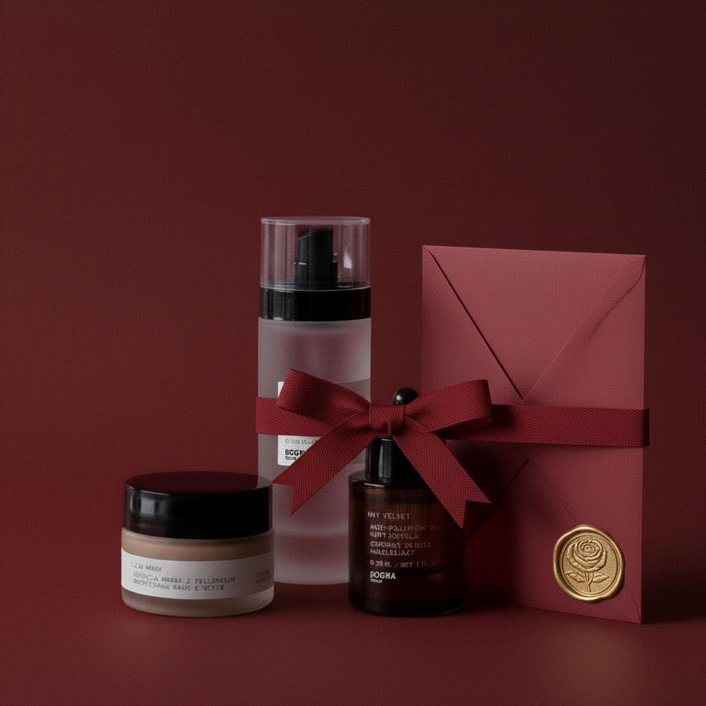 A gift set with pink packaging, a ribbon, a sealed jar, a spray bottle, and a dropper bottle, all on a red background.