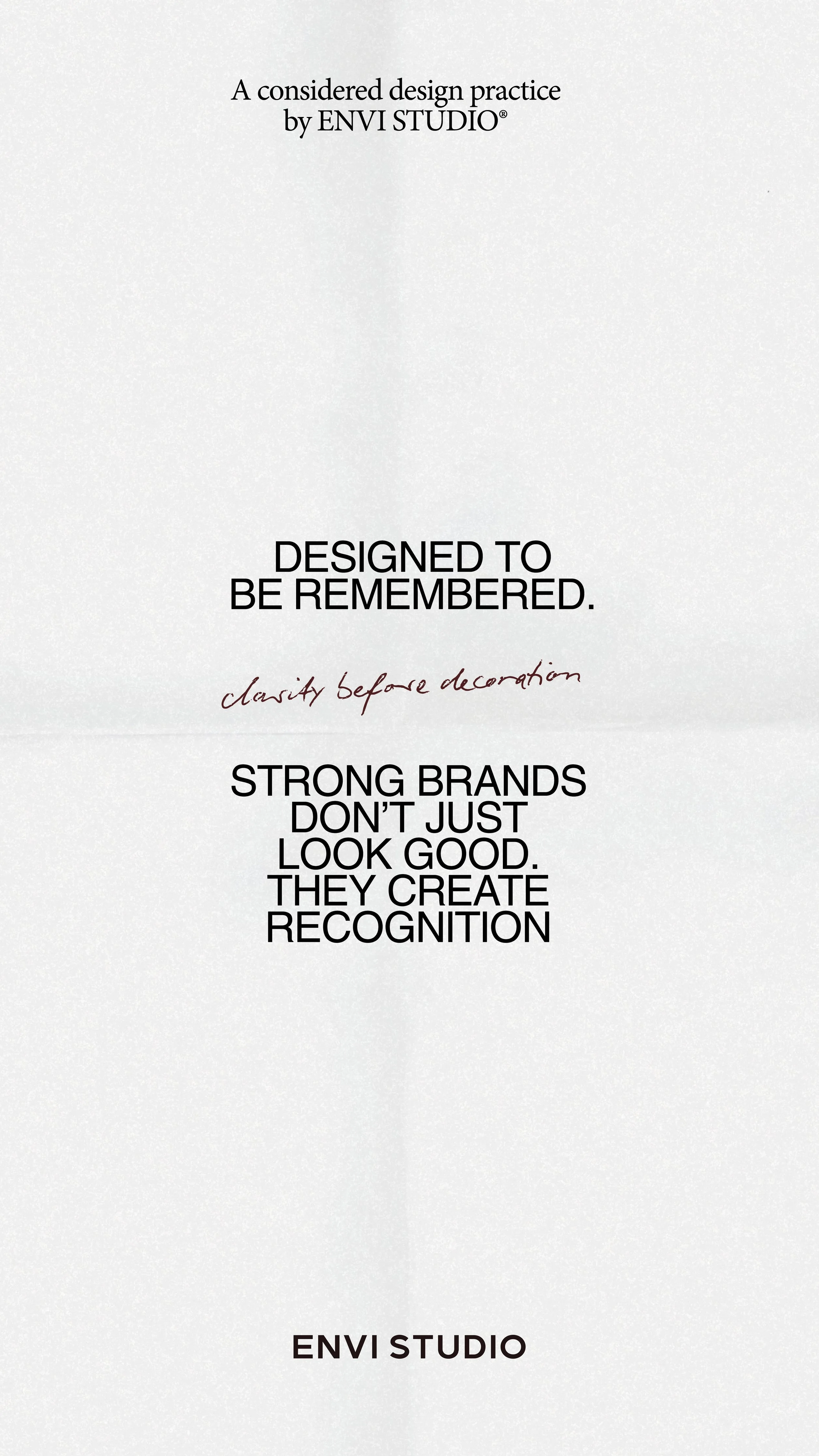A white background with black and red text discussing design principles, branding, and recognition, attributed to ENVI STUDIO.