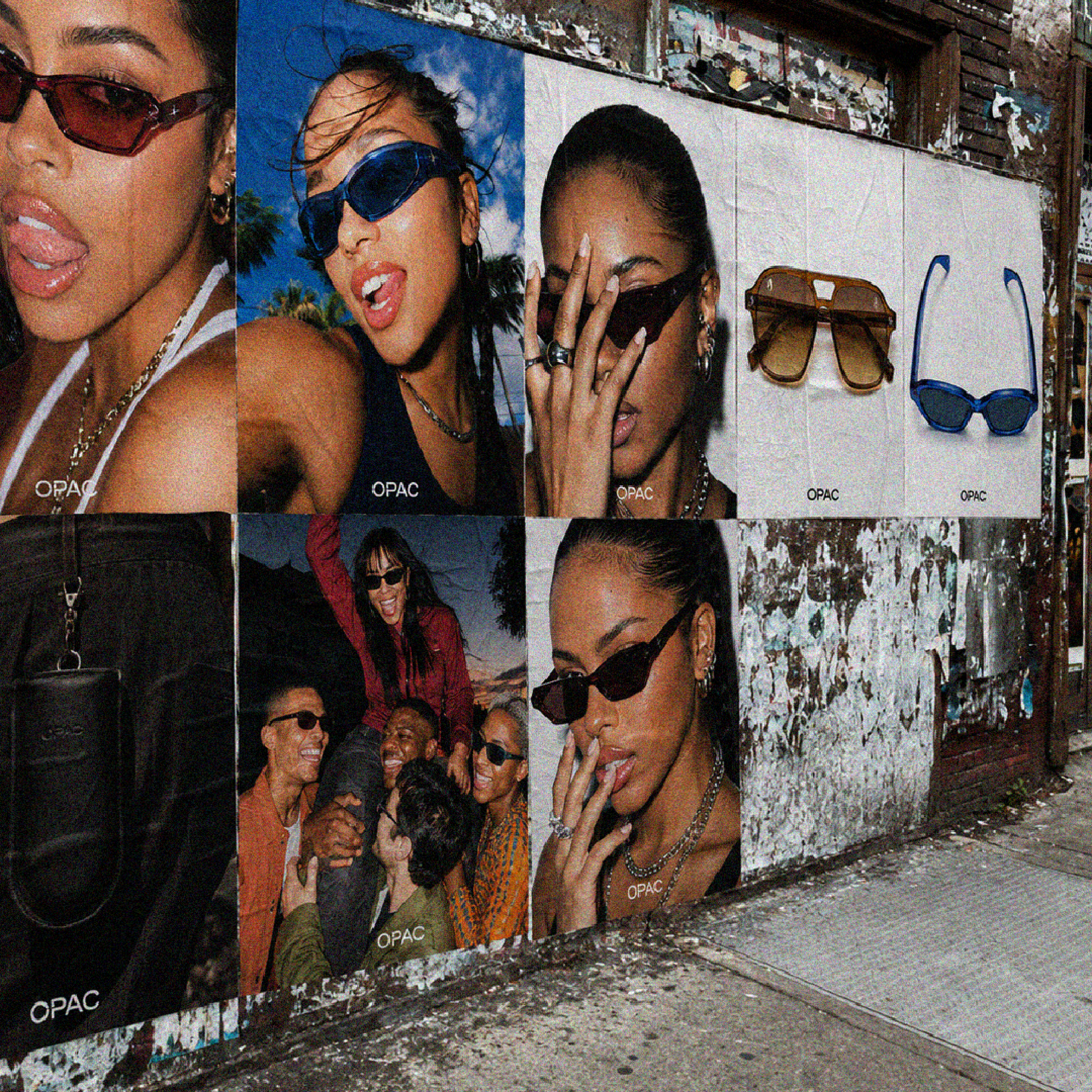 OPAC street poster wall with portraits of people wearing the eyewear