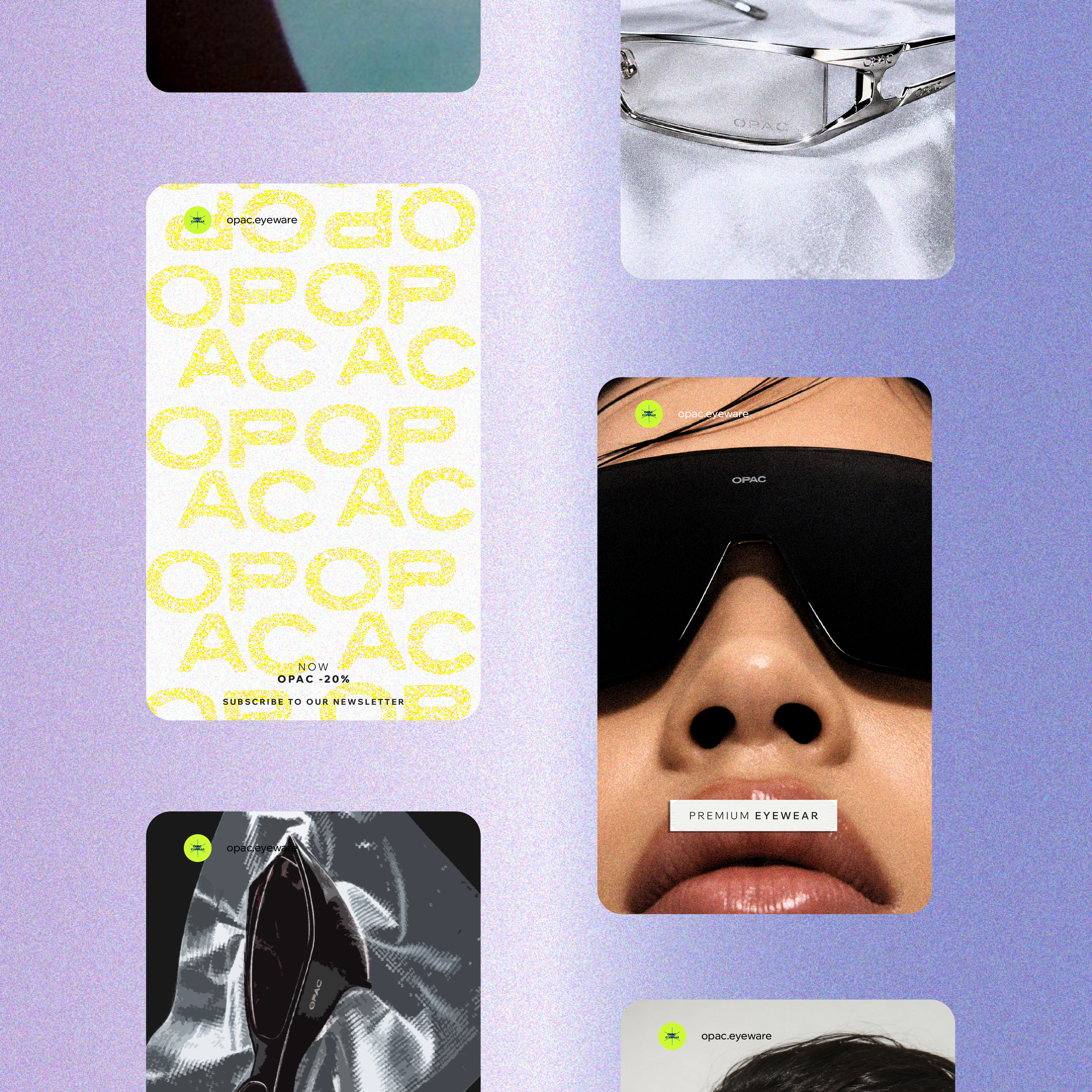 OPAC Eyewear Instagram post designs on a lilac background, with bold logo patterns and close-up eyewear portraits