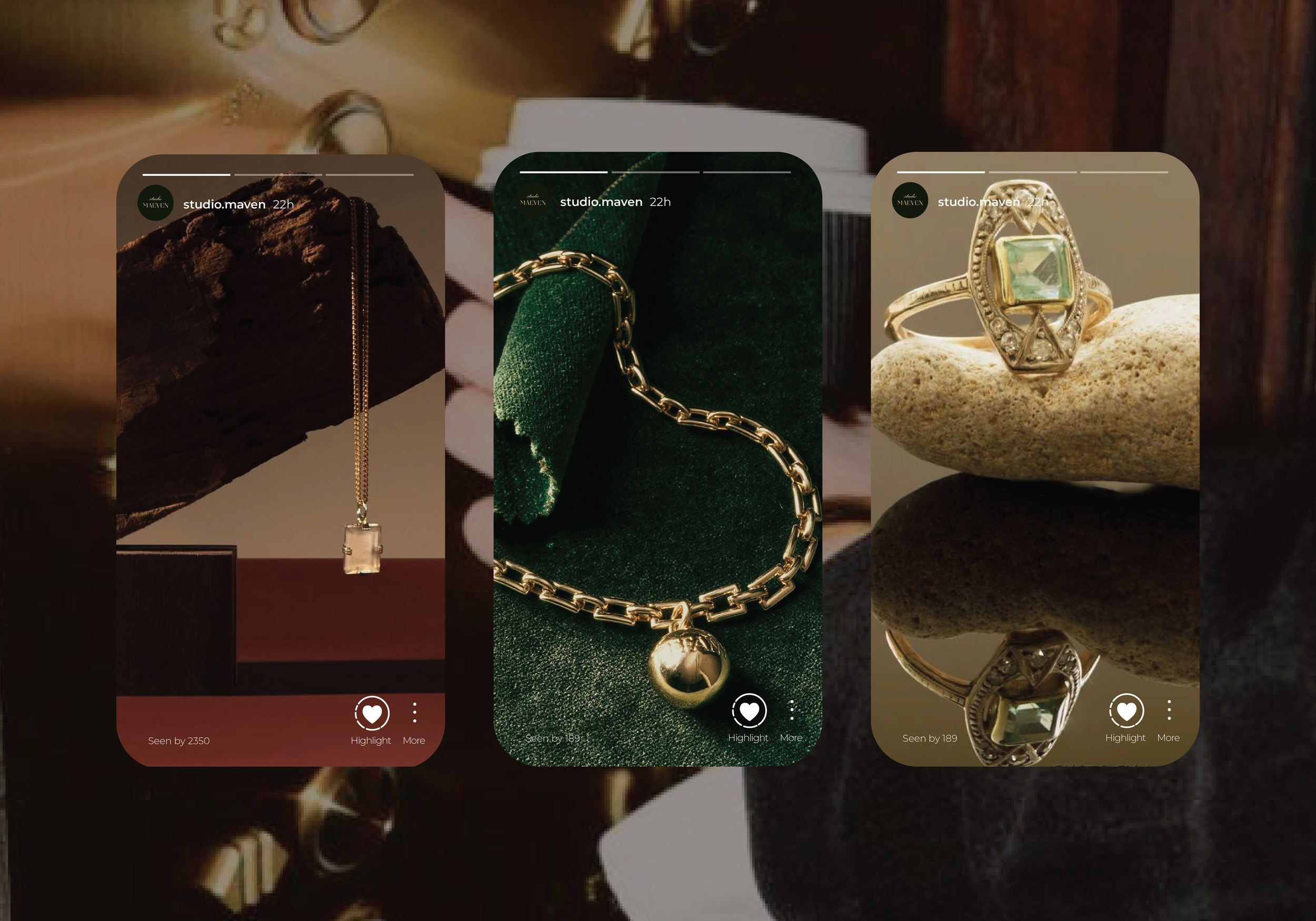 Three different jewelry pieces displayed on textured green and brown surfaces: a gold necklace with a square pendant, a gold chain with a spherical pendant, and a gold ring with a large rectangular gemstone and decorative details.