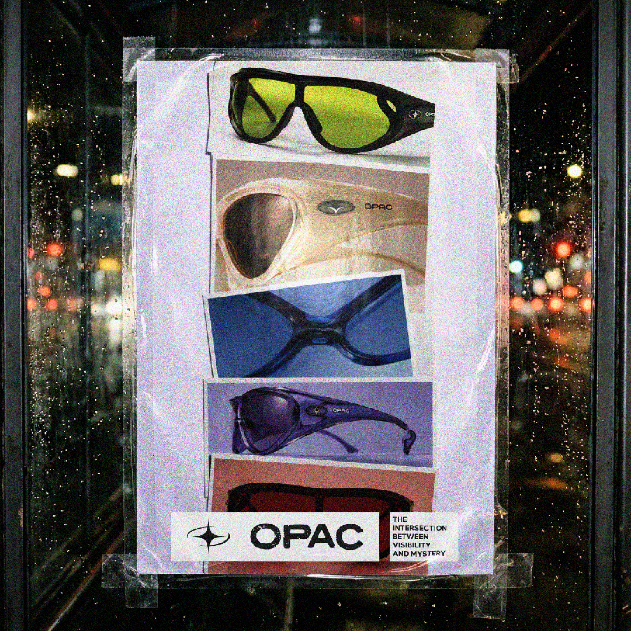 OPAC collection poster showing five sunglasses in green, cream, blue, purple and red tones