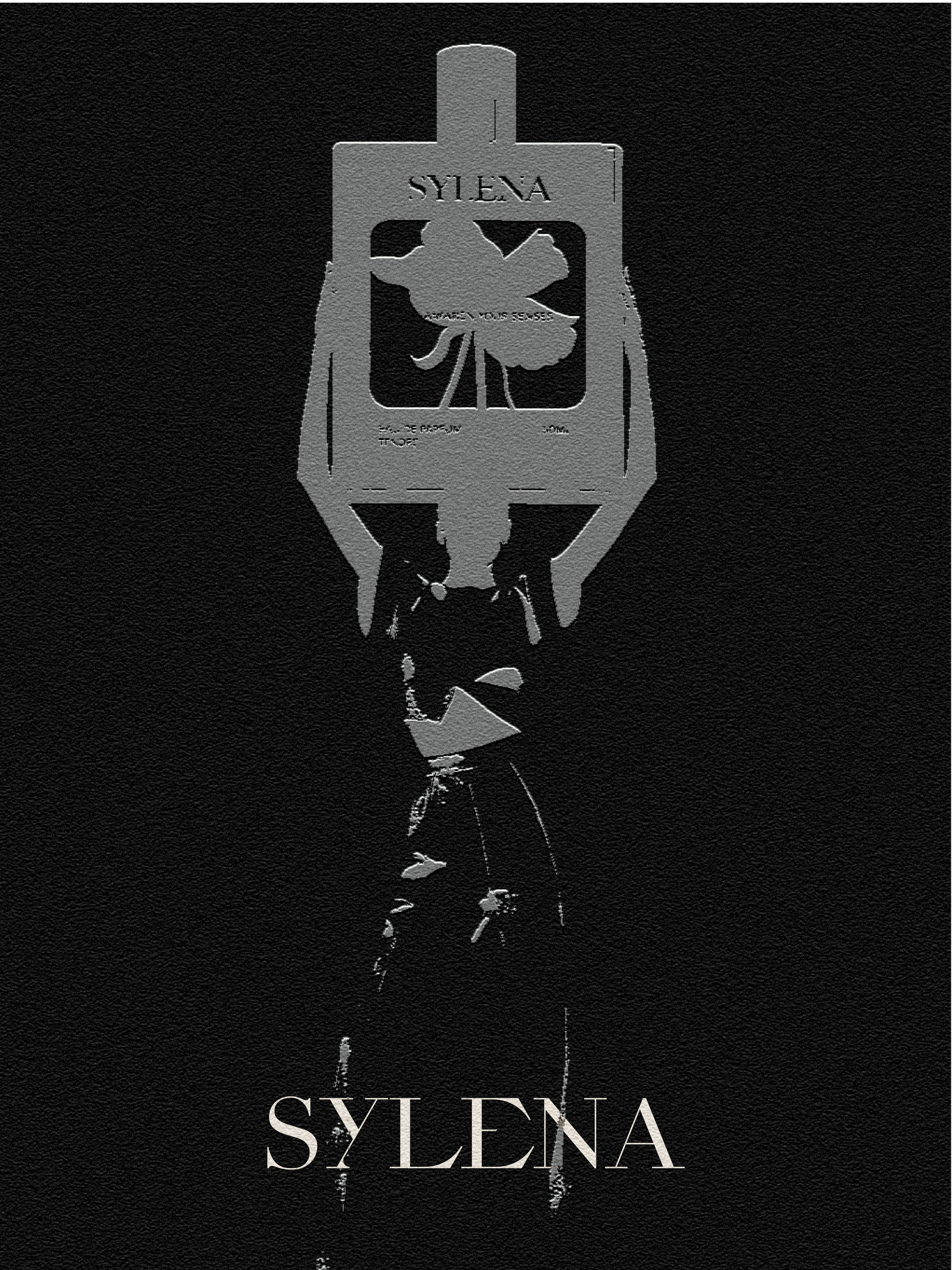 A poster with a black background featuring a stylized silver silhouette of a girl with pigtails and a bow. The girl is holding a wine glass. The poster has the text 'SYLENA' written at the top and in larger font at the bottom.
