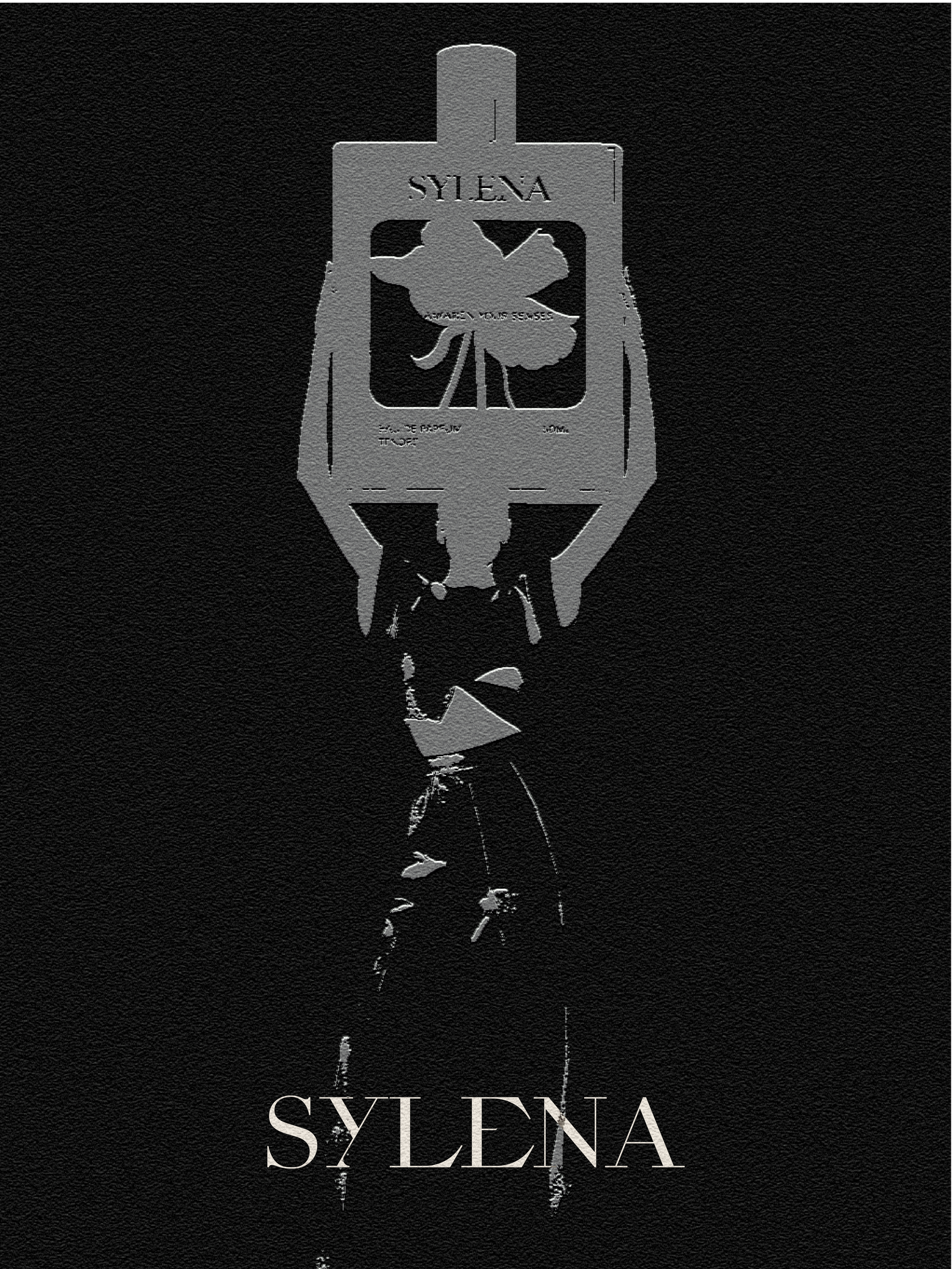 Silver embossed Sylena poster on black textured paper, a figure raising the perfume bottle