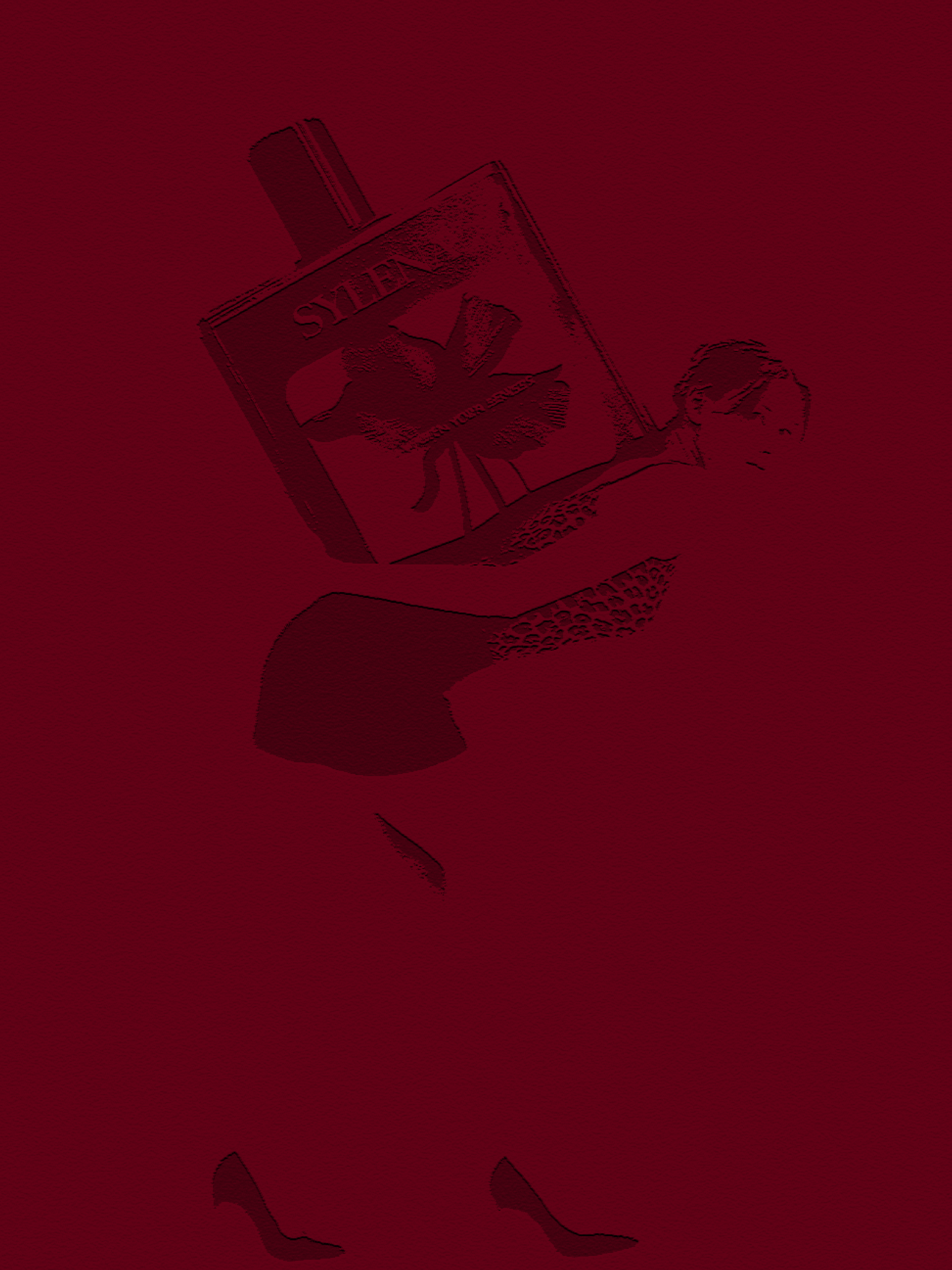 Blind embossed Sylena artwork of a woman holding the perfume bottle on deep red paper