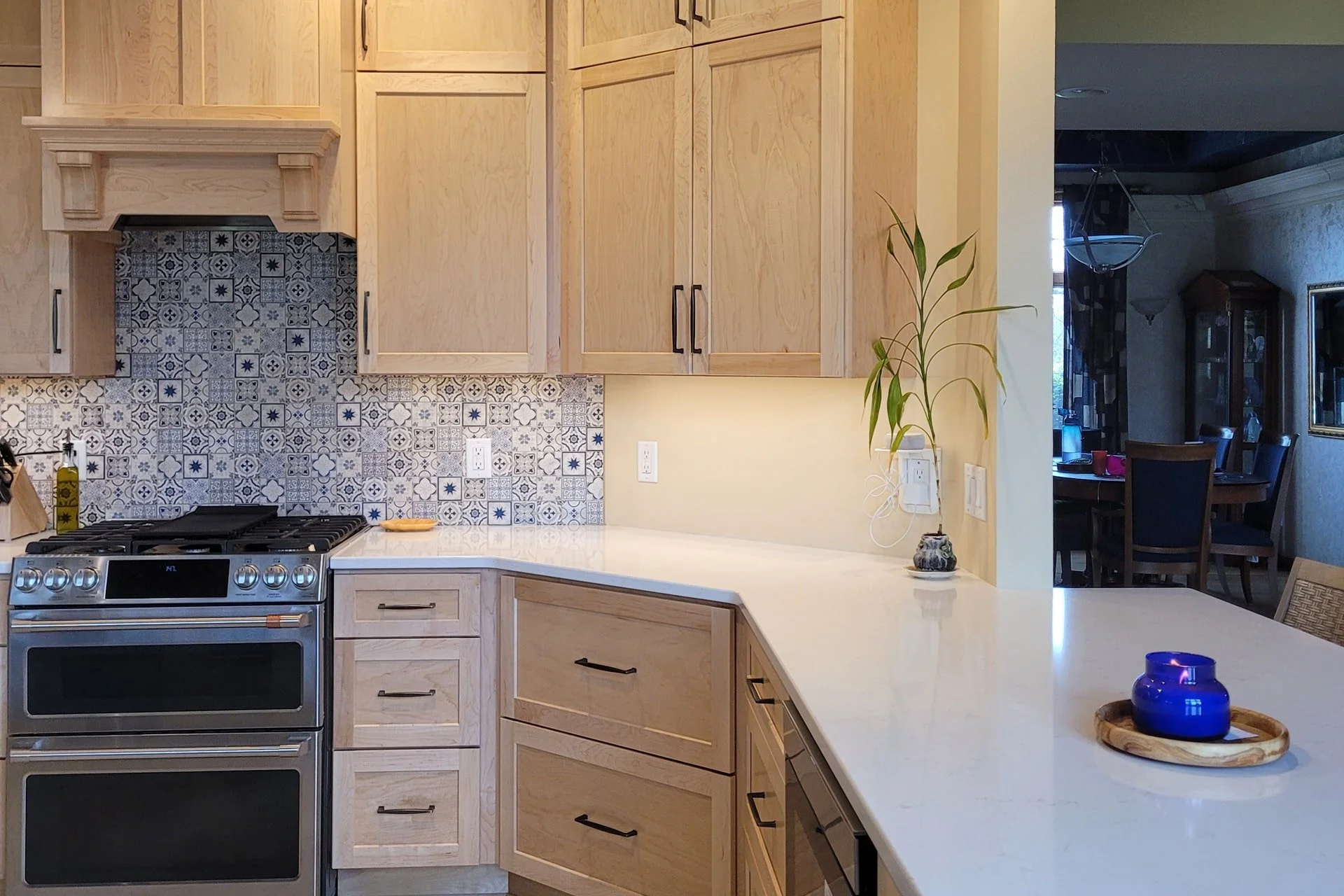 Custom Kitchen with Custom Tilework, and Cieling Custom Wood Beams and Custom Lighting