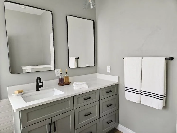 Master Bathroom with Custom Painted Vanity with Black Hardware