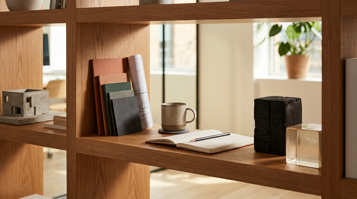 A wooden bookshelf with various items including books, a ceramic mug, a notebook with a pencil, and decorative objects in a well-lit room with a window and a potted plant in the background.