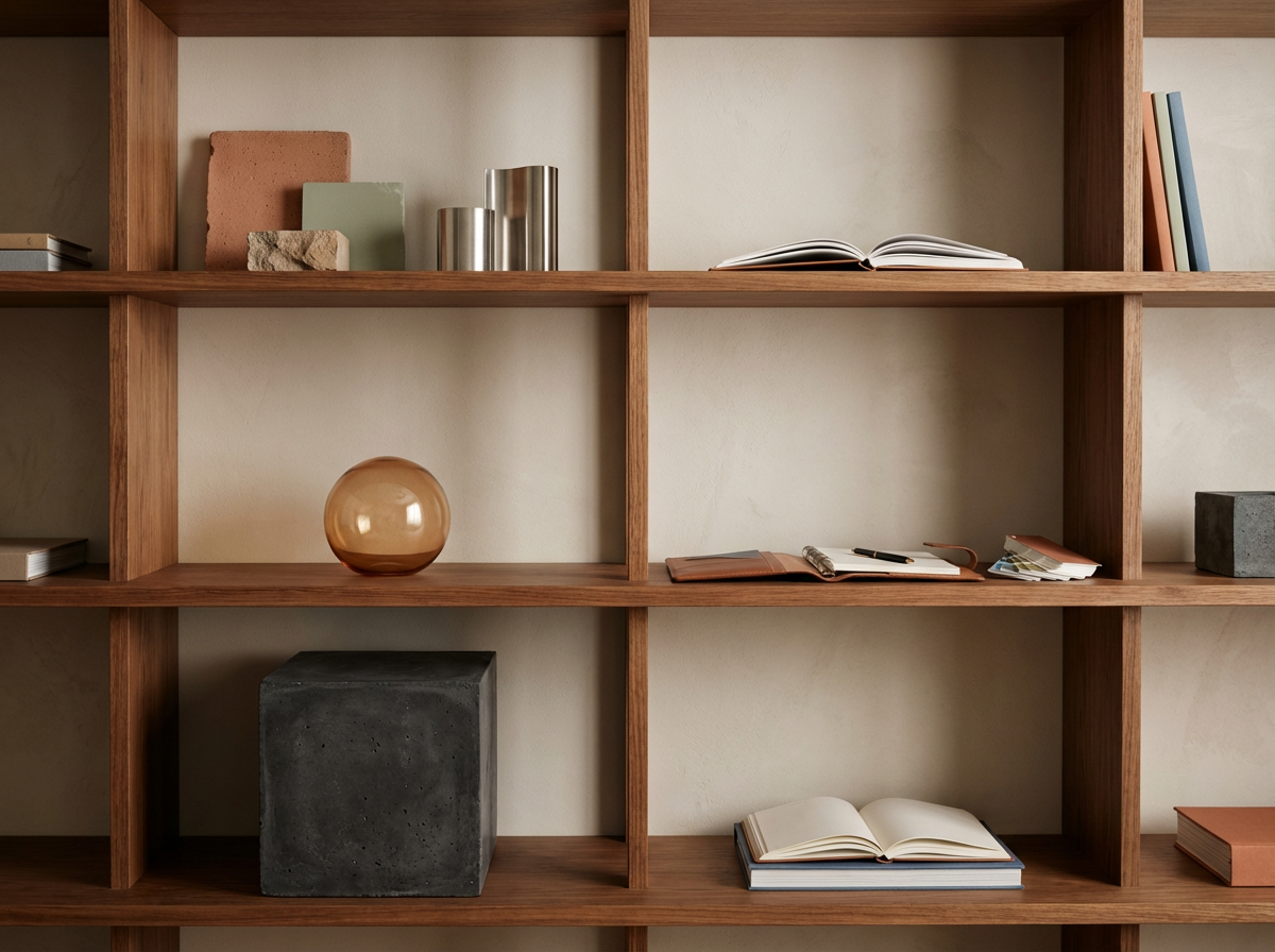 Empty wooden bookshelf with decorative objects, books, and notebooks.