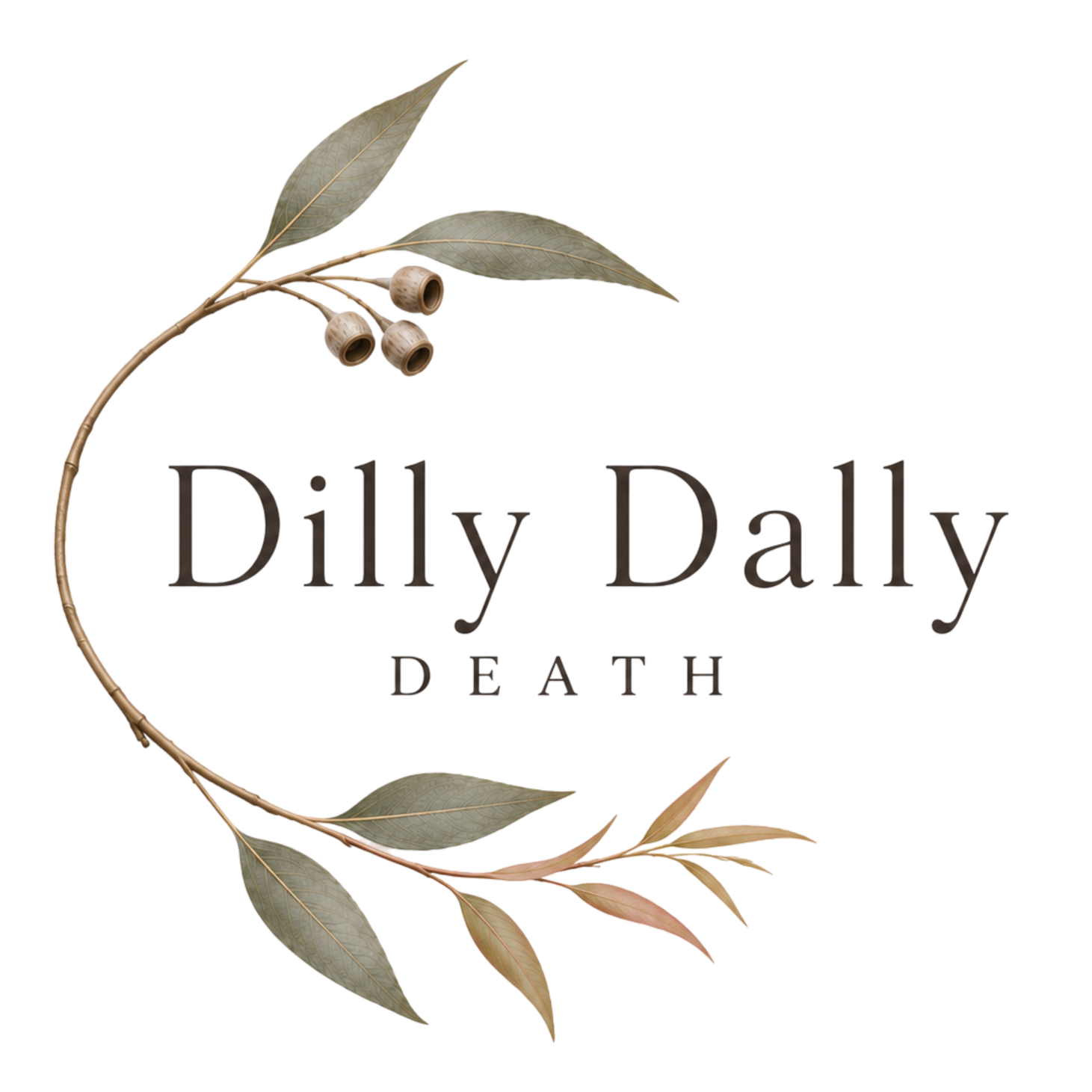 A business logo of eucalyptus leaves circling the words "Daily Dally Death" , it contains three gum nuts and two gum leaves above the text and 8 leaves below fading like new sprigs of fresh growth on a gum tree