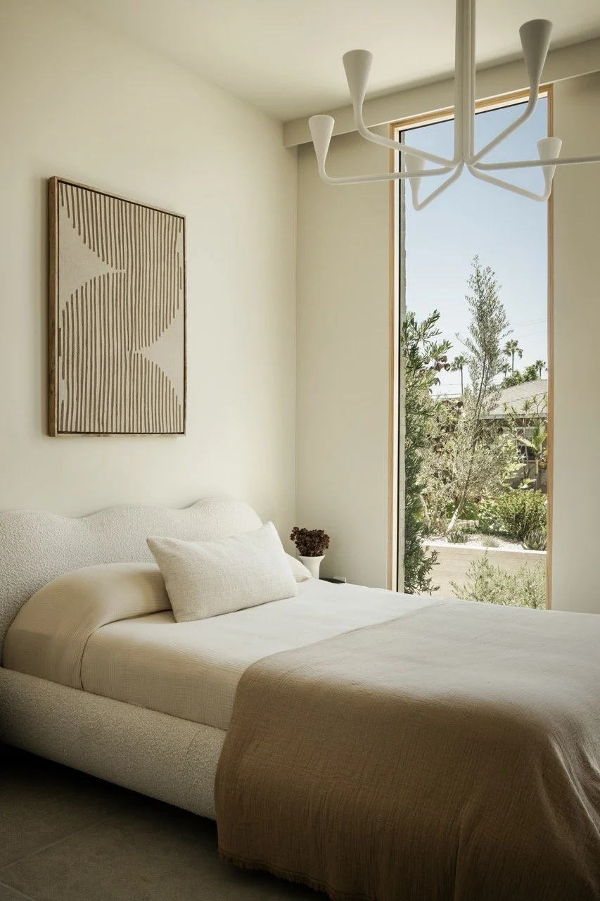 A minimalist bedroom with a white bed, an abstract wall art, a small bedside table with a vase, large window showing outdoor greenery, and a modern ceiling light fixture.