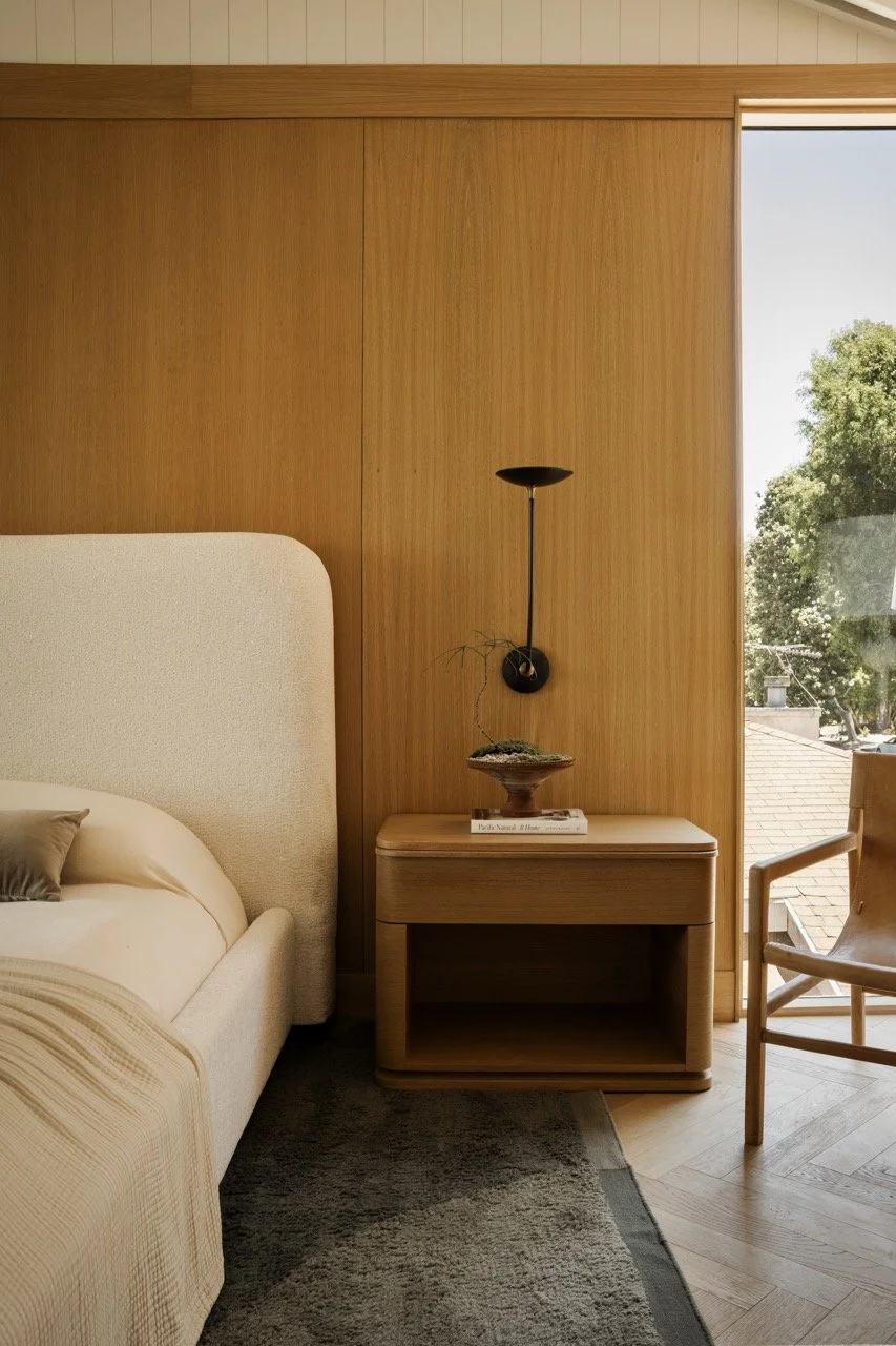 A bedroom corner with a beige upholstered bed, a wooden nightstand, a wall-mounted black lamp, a decorative bowl with a plant and books on the nightstand, a chair to the right, and a window revealing trees outside.