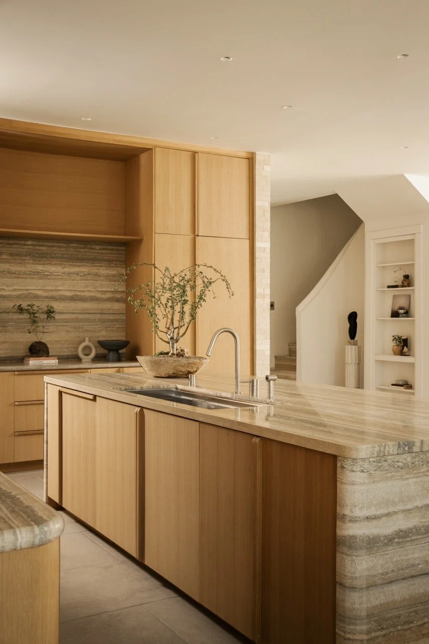 Modern kitchen with wooden cabinets and a beige marble countertop, featuring a built-in sink and decorative plants with neutral décor.