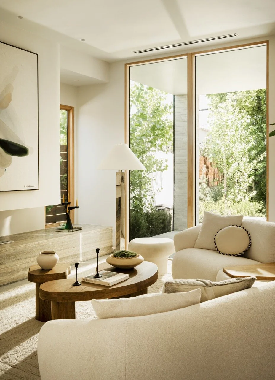 Bright living room with large floor-to-ceiling windows showing green trees outside, white sofas, a wooden coffee table, a tall floor lamp, and minimalist decor.