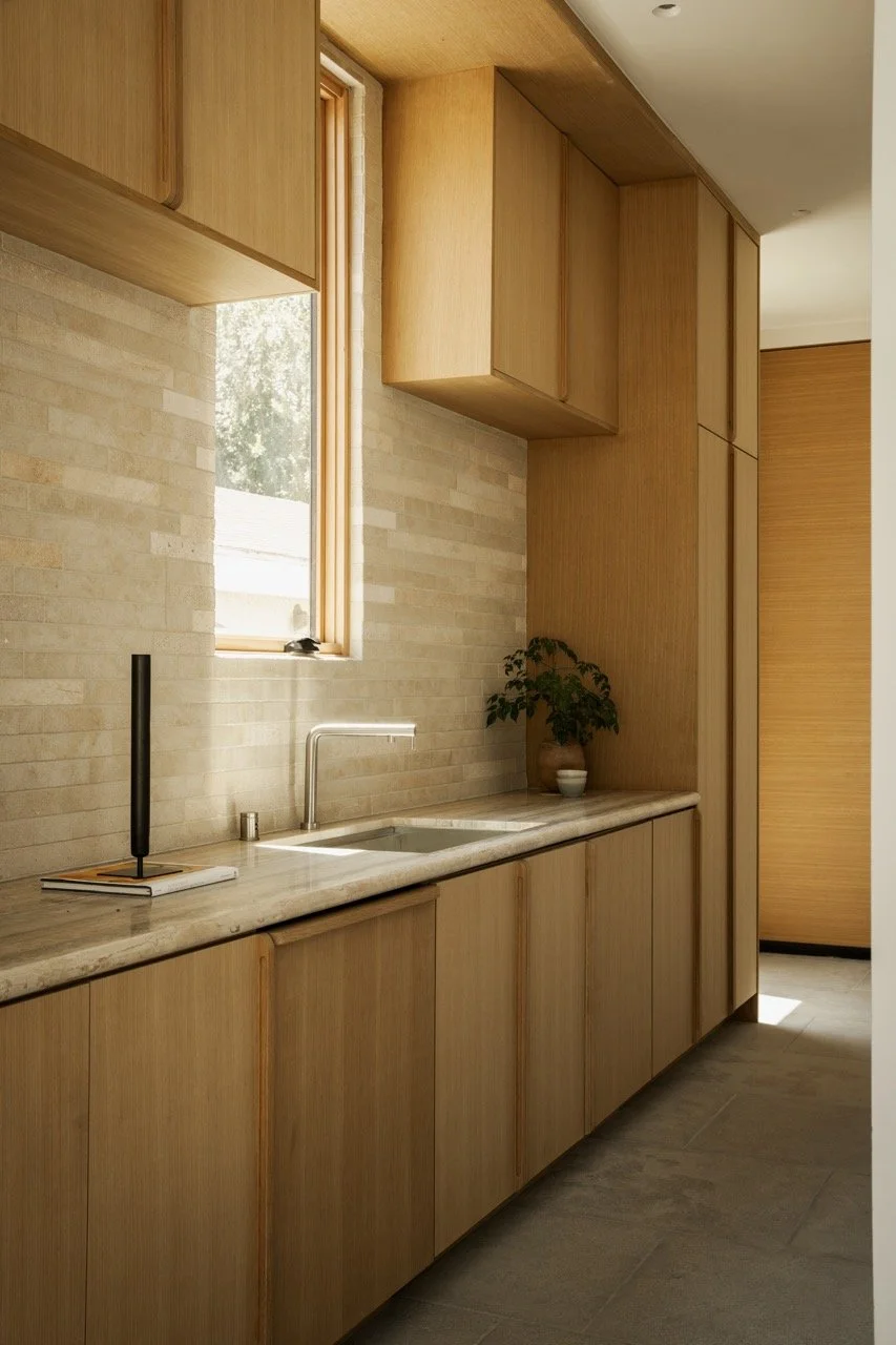 Modern kitchen with light wood cabinets, a beige brick backsplash, a small window letting in natural light, a potted plant, and a light-colored marble countertop.