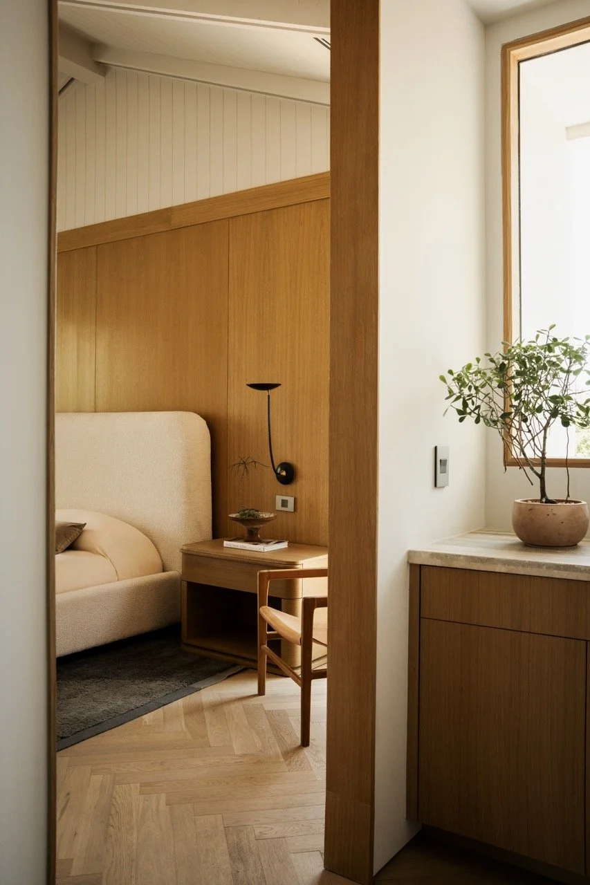 A cozy bedroom corner with a beige upholstered bed, wooden nightstand with a book and small plant, a wooden chair, and a potted plant on a windowsill, all decorated in warm, natural tones.