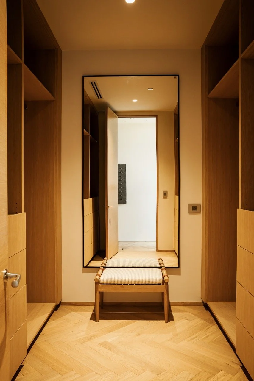 A wooden bench with a cushioned seat in front of a large mirror in a walk-in closet with wooden shelving on both sides and a doorway at the back.