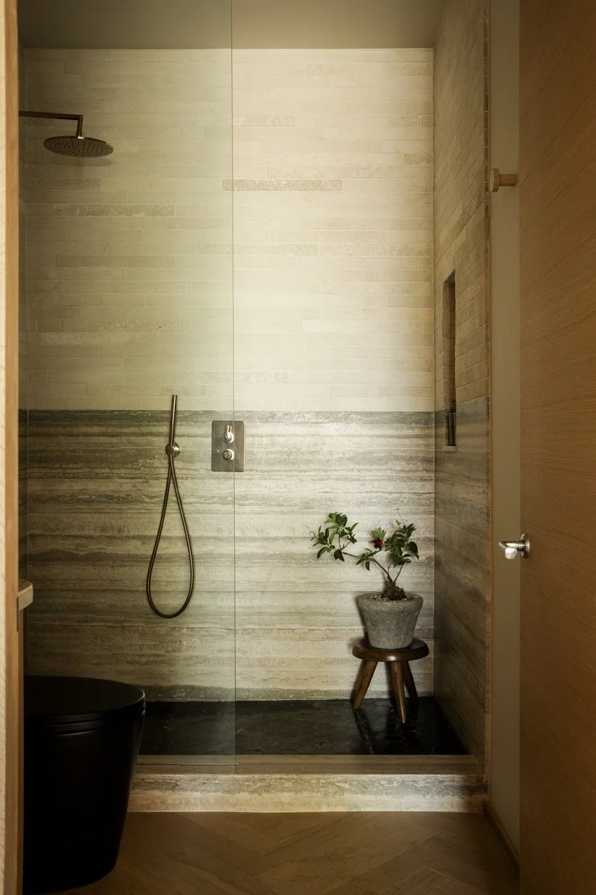 A modern shower with a rain showerhead, a handheld shower, and a small potted plant on a wooden stool, enclosed by a clear glass door.