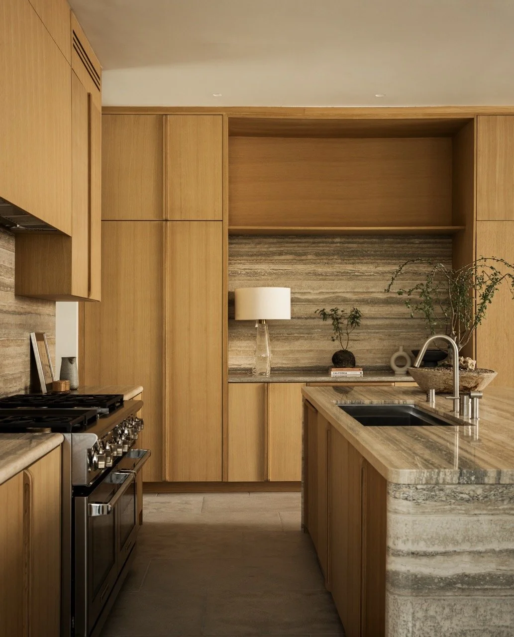 Modern kitchen with wooden cabinets, a marble countertop, and decorative plants on a backsplash shelf.