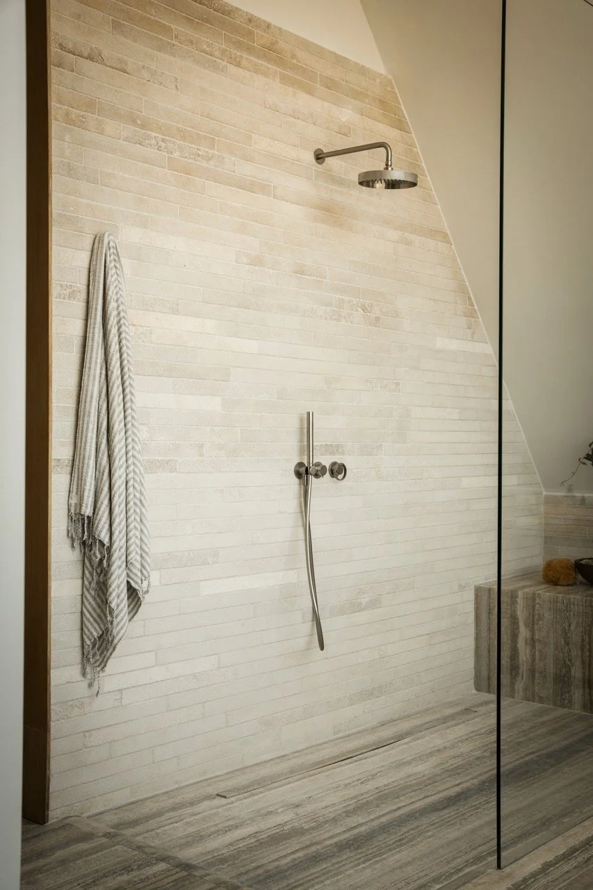 A modern walk-in shower with beige and cream-colored textured tile walls, a stainless steel rain showerhead, a handheld shower with a hose, a wall-mounted control valve, a striped towel hanging on the wall, and a built-in bench with decorative object