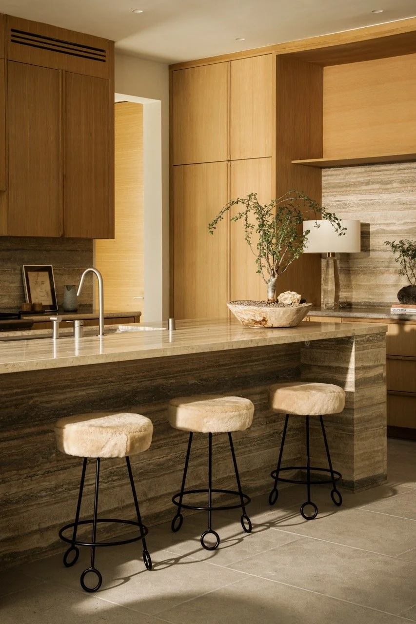 Modern kitchen with wooden cabinets, a marble kitchen island, and three beige upholstered bar stools with black metal legs.