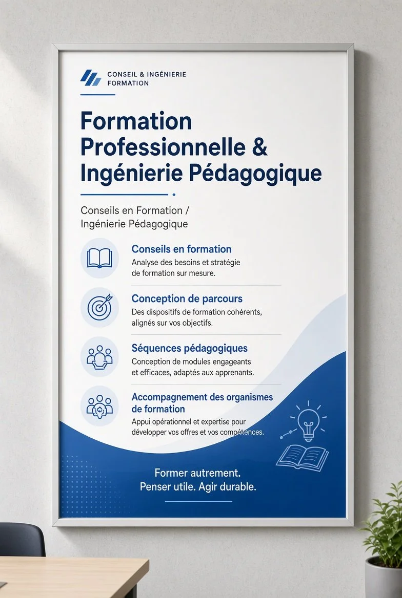 Affiche d'information sur la formation professionnelle et l'ingénierie pédagogique.