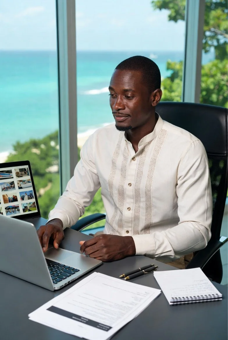 Un Formateur indépendant dans un bureau avec vue sur mer.
