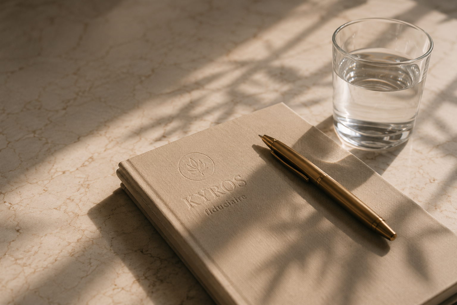 Un carnet de notes beige, un stylo doré, un verre d'eau, tous disposés sur une surface en marbre avec une lumière naturelle.