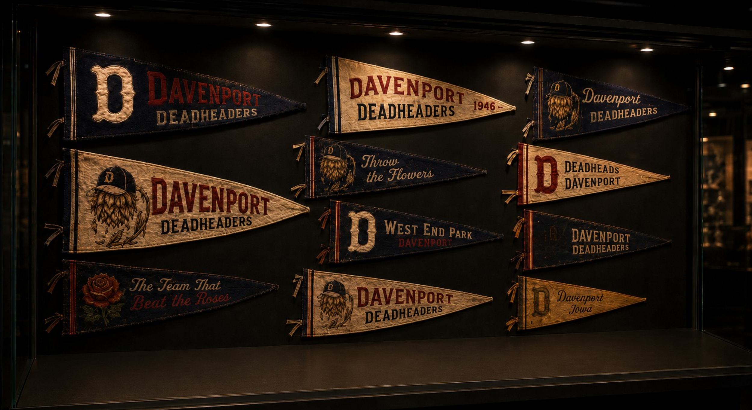 A collection of vintage Davenport Deadheaders team pennants.