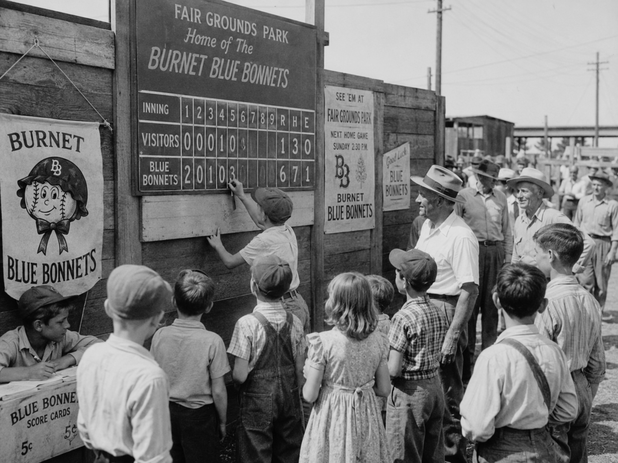 Black-and-white 1940s photograph of a young boy kneeling beside a hand-operated Fair Grounds Park scoreboard near the right-field gate, updating the score for a Burnet Blue Bonnets game.