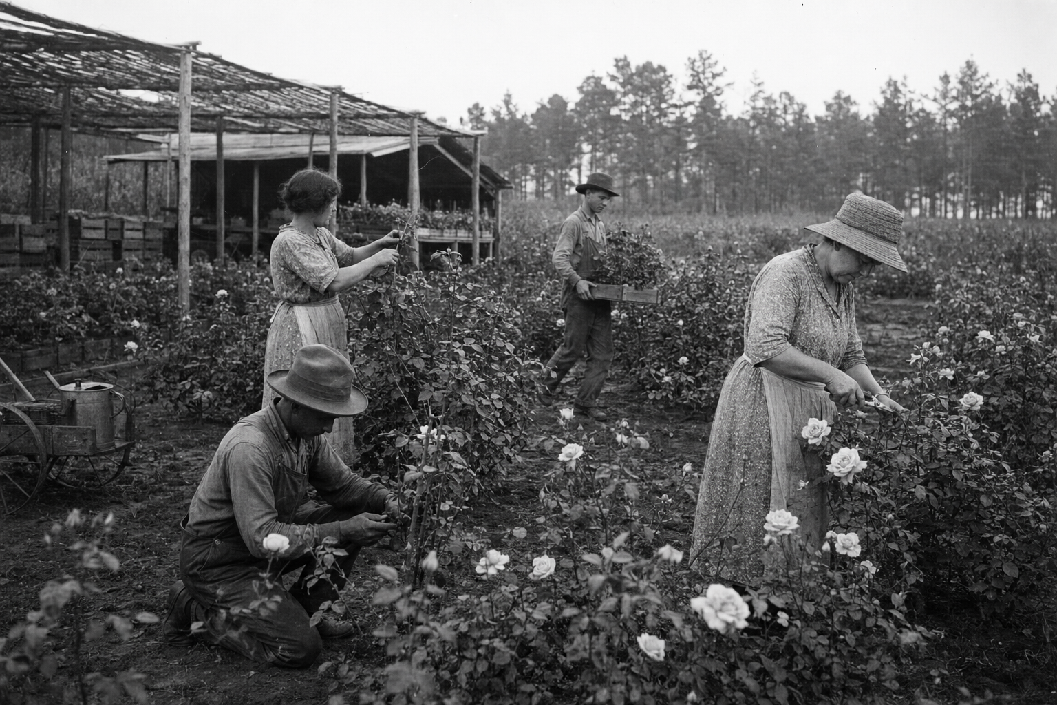Nursery workers pruning and propagating roses in a Tyler field during the late 1920s.