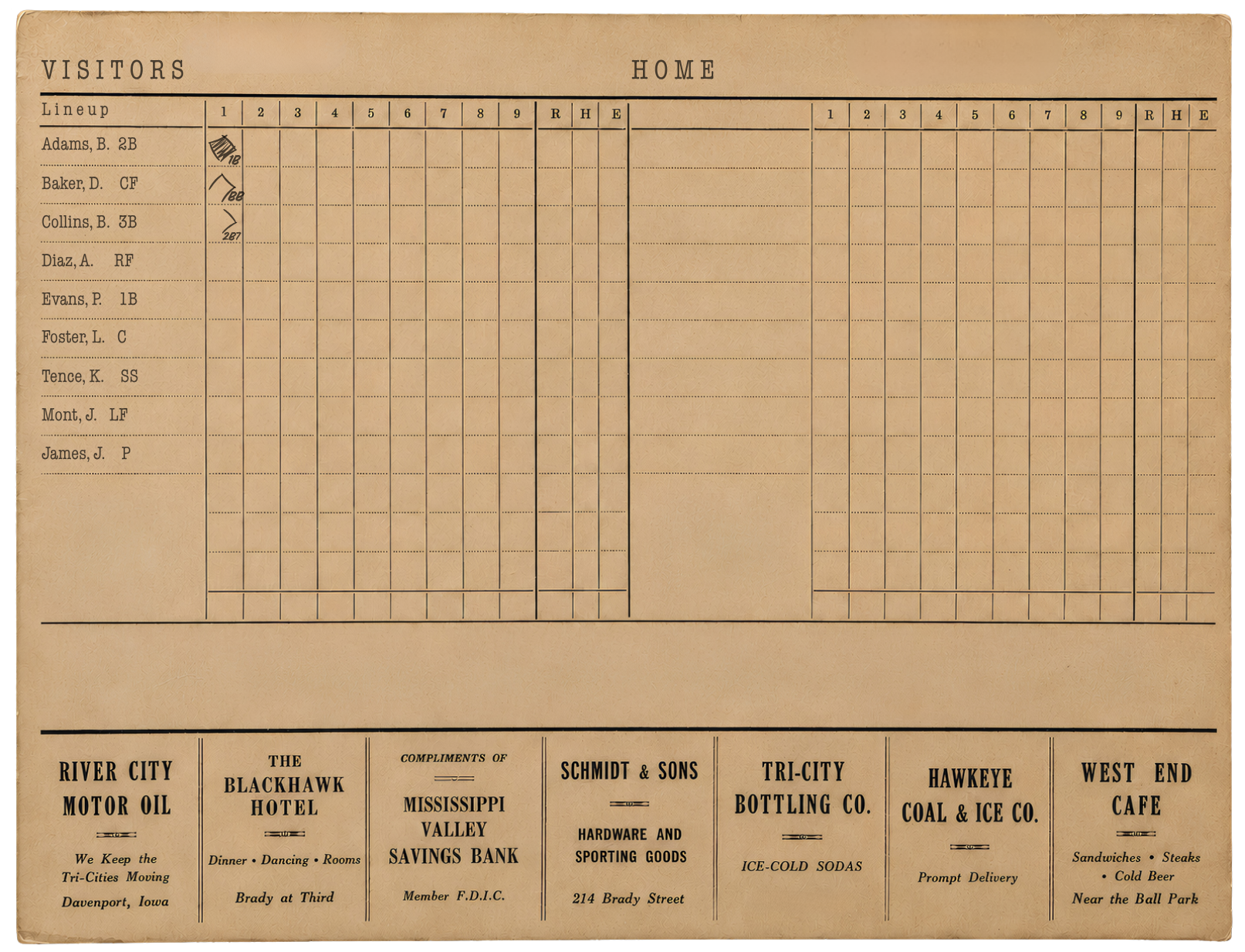 Scorecard after Collins doubles to left, showing Adams scored, Baker at third and Collins at second with no outs.