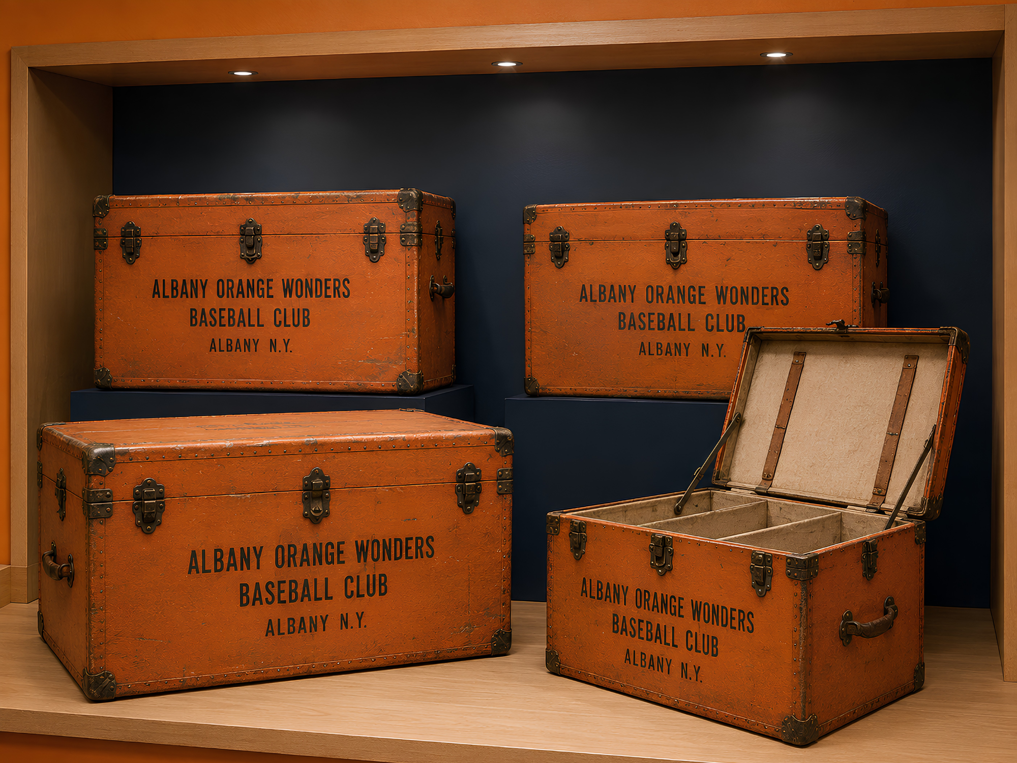 Four orange Albany Orange Wonders travel trunks displayed in a blonde-wood museum case with a Dutch navy interior, including one open trunk with canvas-lined compartments.