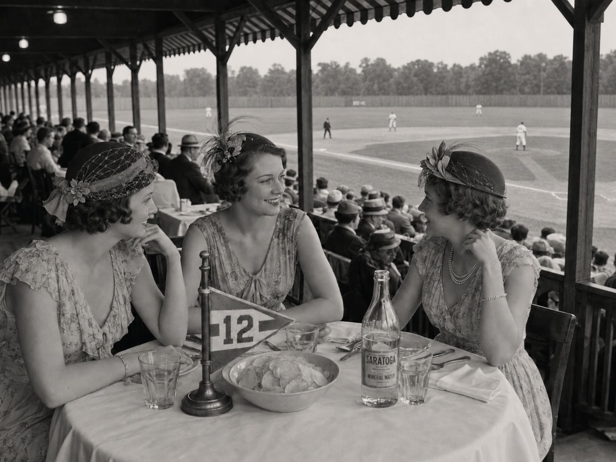Three elegantly dressed women take supper at Table Twelve while watching a Fascinators game from the covered gallery.