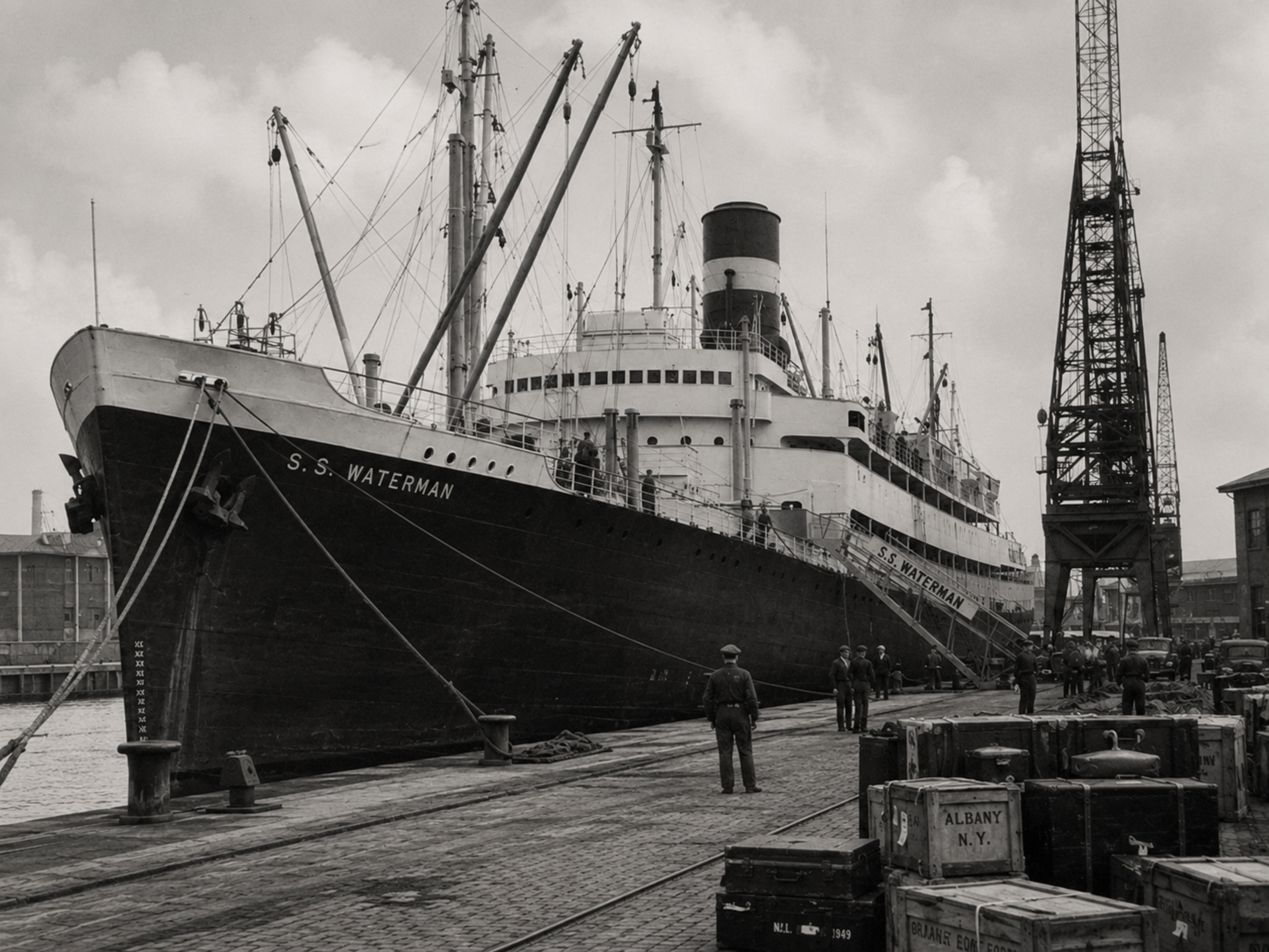 Black-and-white photograph of the S.S. Waterman docked in Rotterdam with Albany Orange Wonders trunks on the quay.