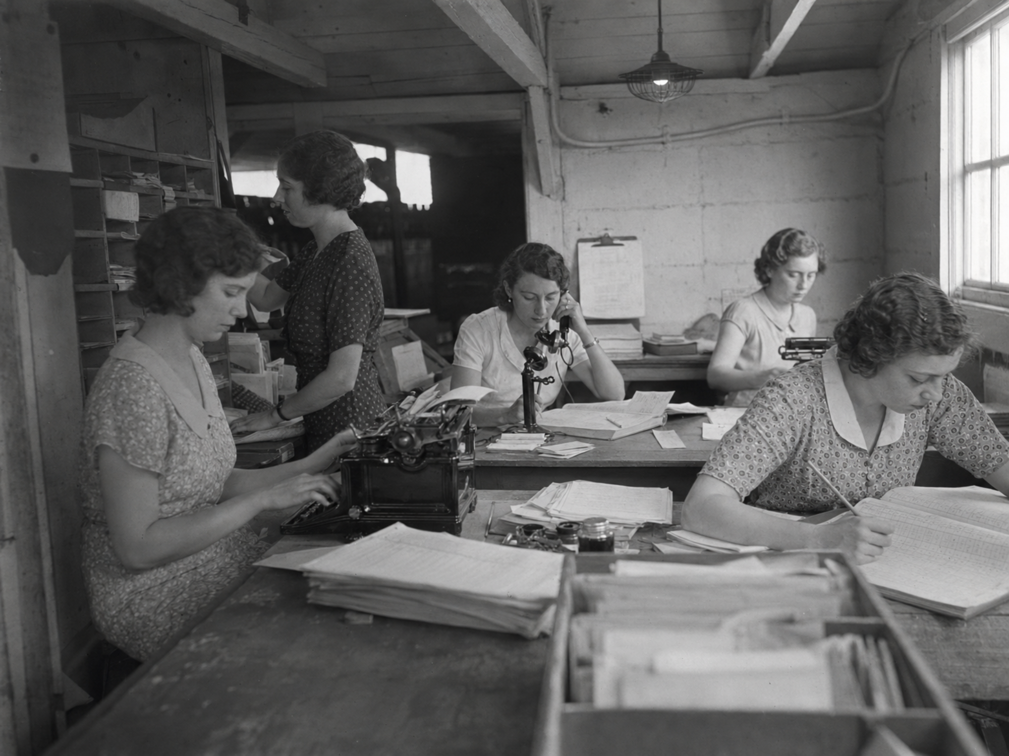 Skidmore students and graduates work at reservation desks and scorebooks inside The Hatbox office.