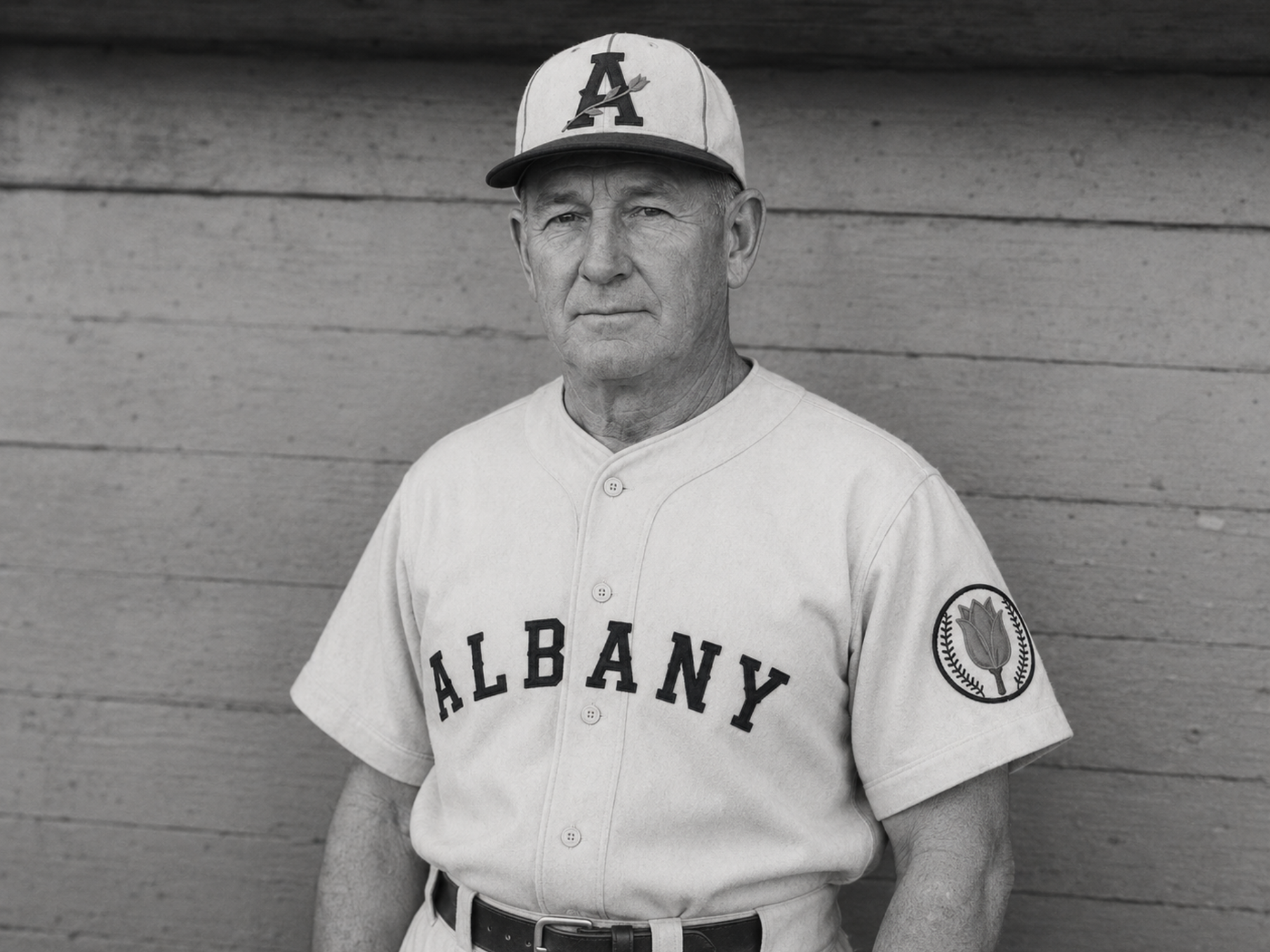 Black-and-white portrait of Harold “Hal” Ten Eyck in an Albany Orange Wonders uniform and cap.