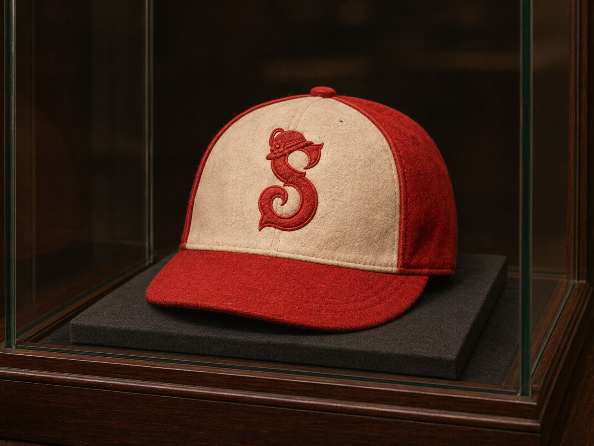 A preserved red-and-white Saratoga Springs Fascinators field cap displayed on a museum pedestal.