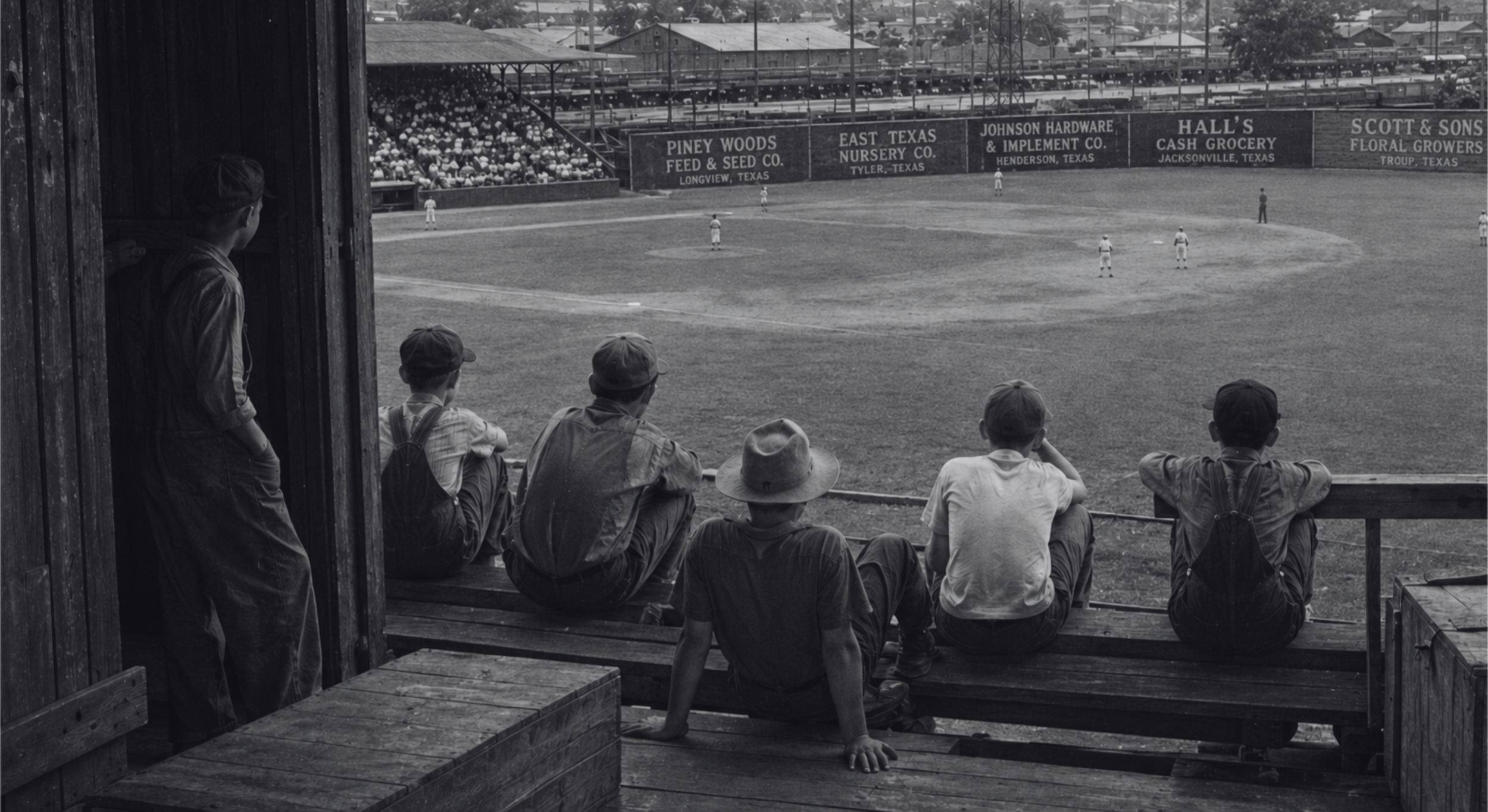 Black-and-white photograph of Tyler Roses supporters watching a game at Cotton Belt Park from the neighboring first-base-side warehouse.