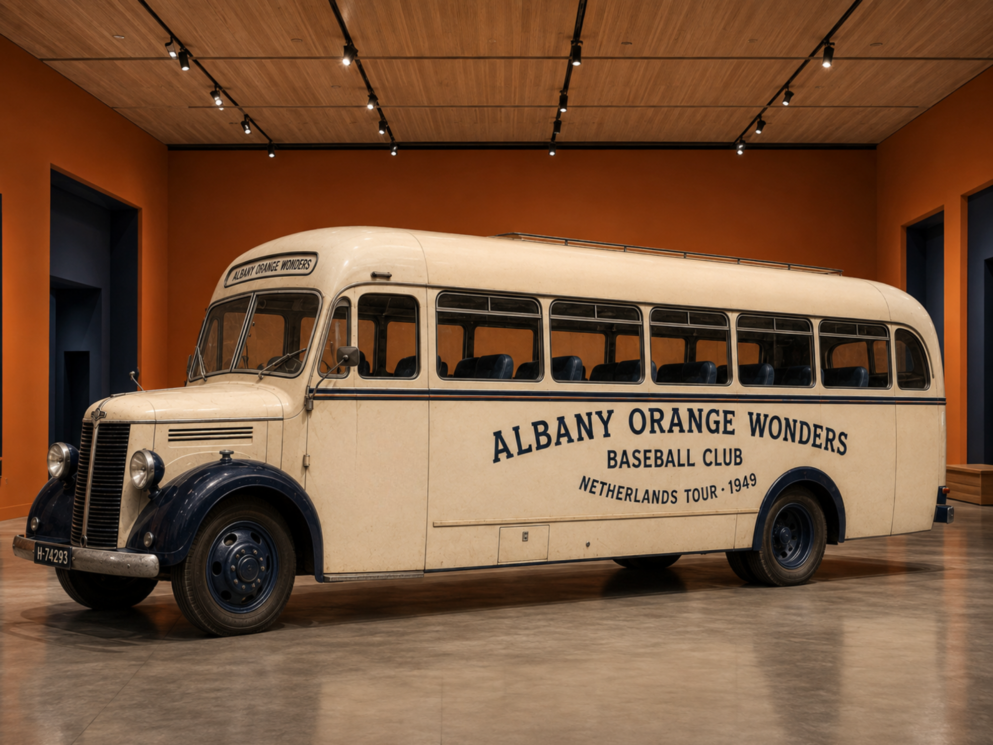Cream-and-navy 1949 Albany Orange Wonders tour bus displayed beneath museum lights in the orange-walled Albany exhibit.