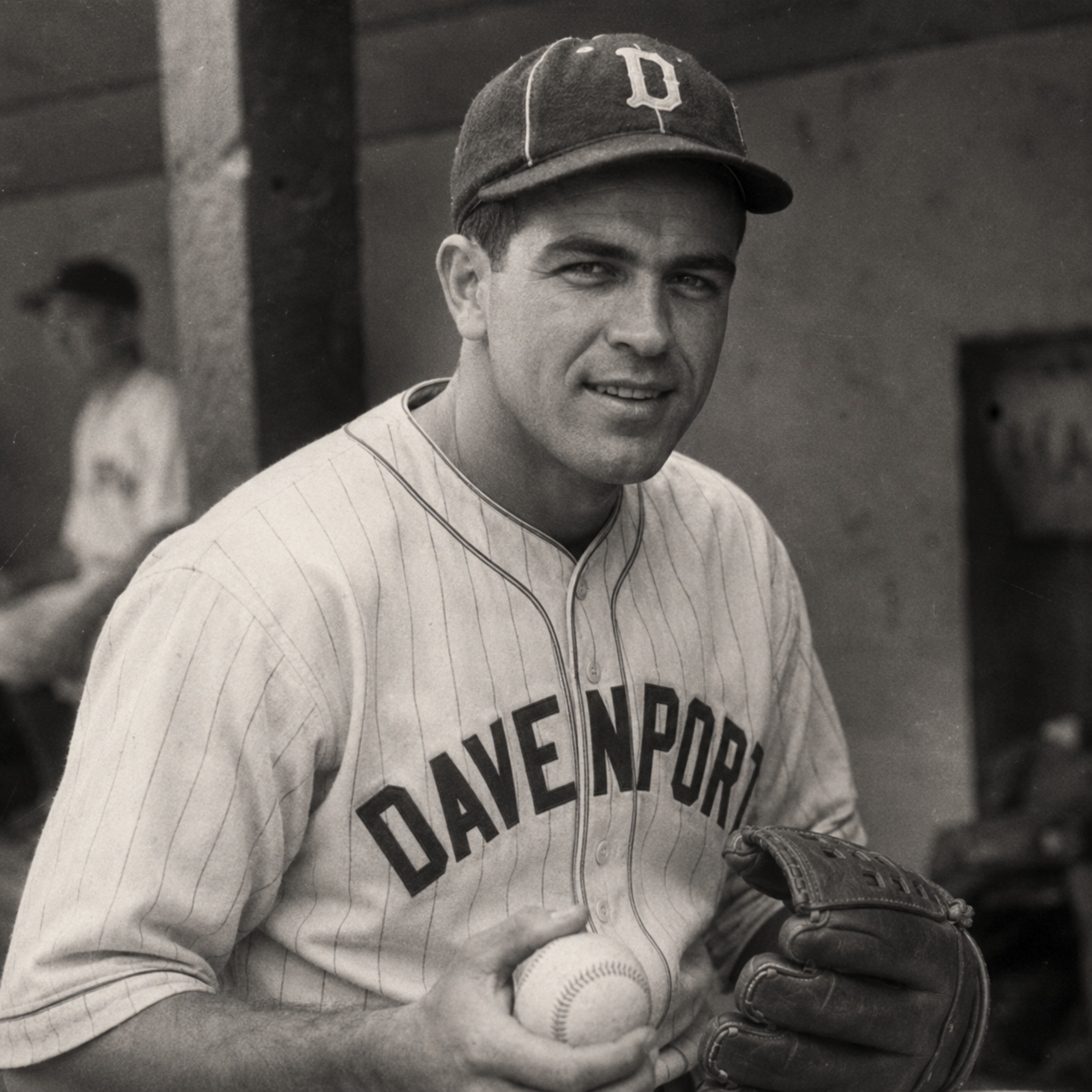 Black-and-white 1940s portrait of Sam Kovac, right-handed pitcher for the 1946 Davenport Deadheaders, wearing a Davenport uniform.