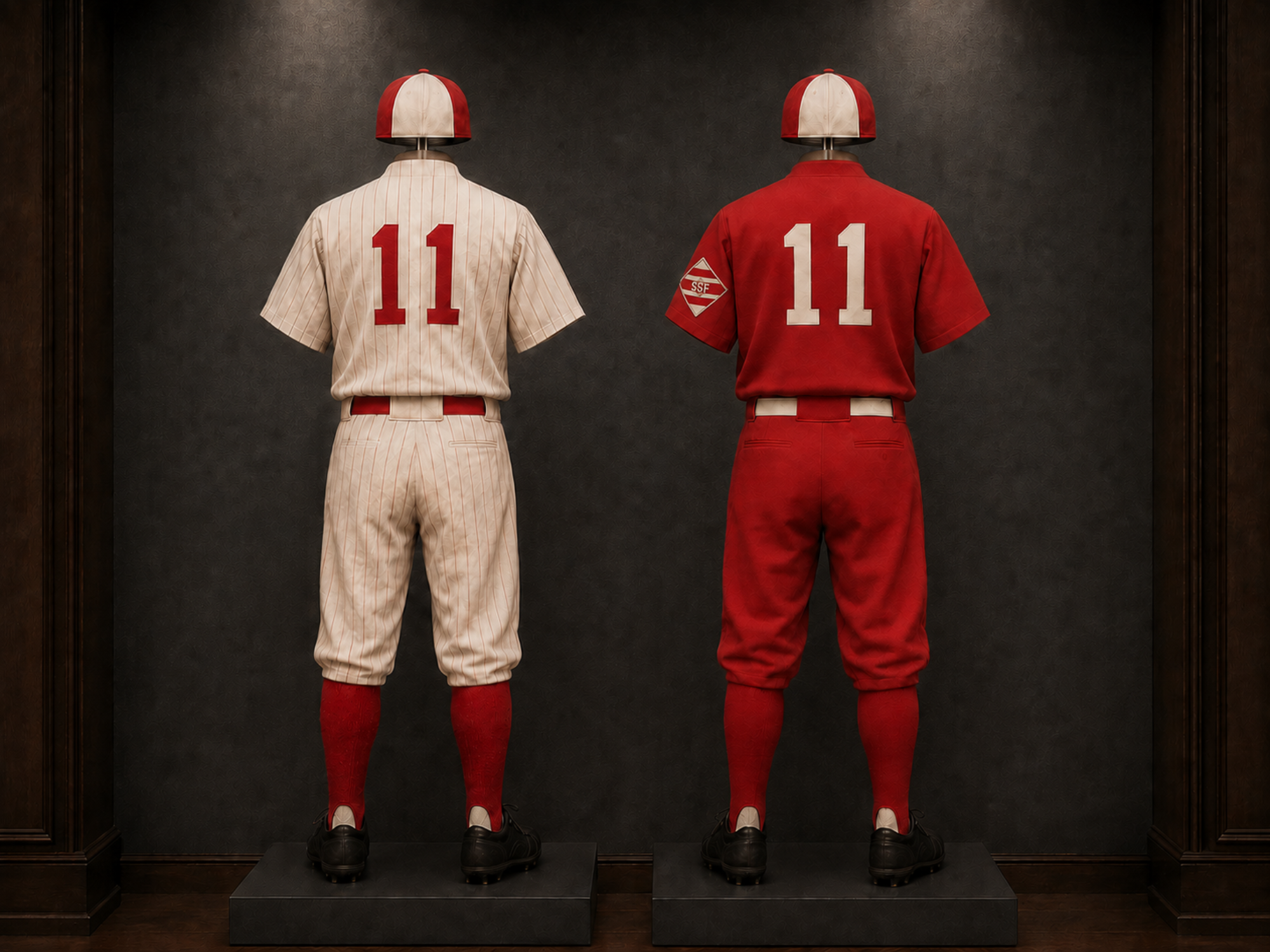 Rear views of the preserved Fascinators White and Red uniforms, both bearing the exhibit number 11.