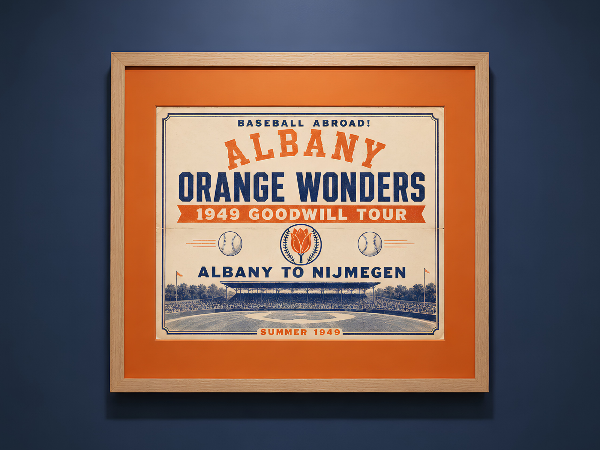 Framed flyer promoting the Albany Orange Wonders’ 1949 Netherlands tour, displayed in The Ball Club Register Museum.