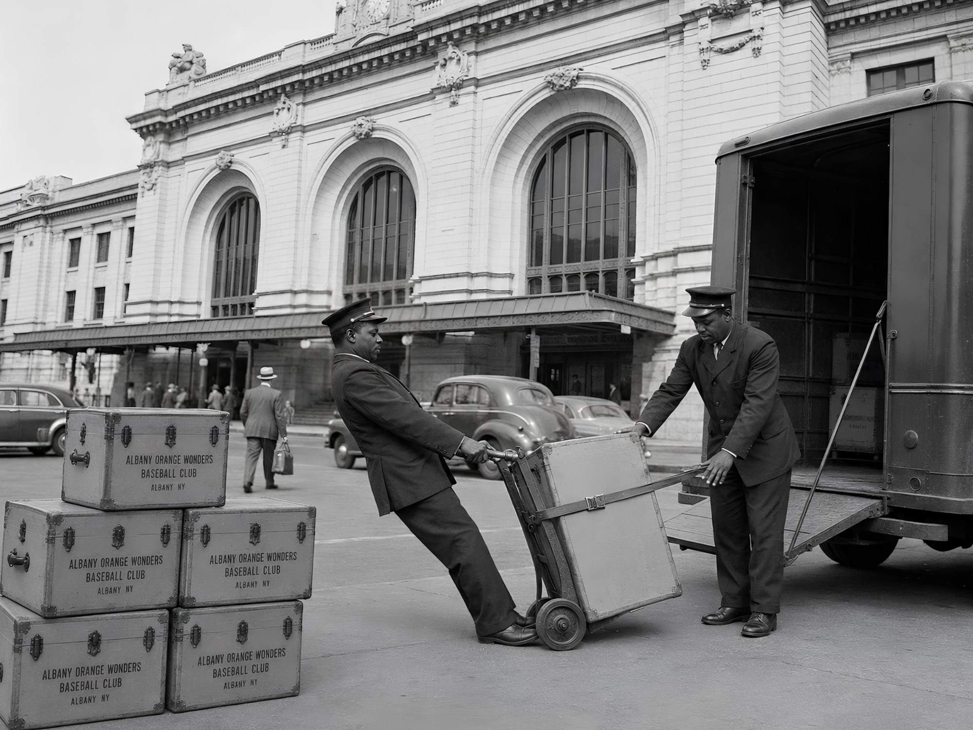 Albany Orange Wonders travel trunks stacked outside Albany's Union Station in 1949.